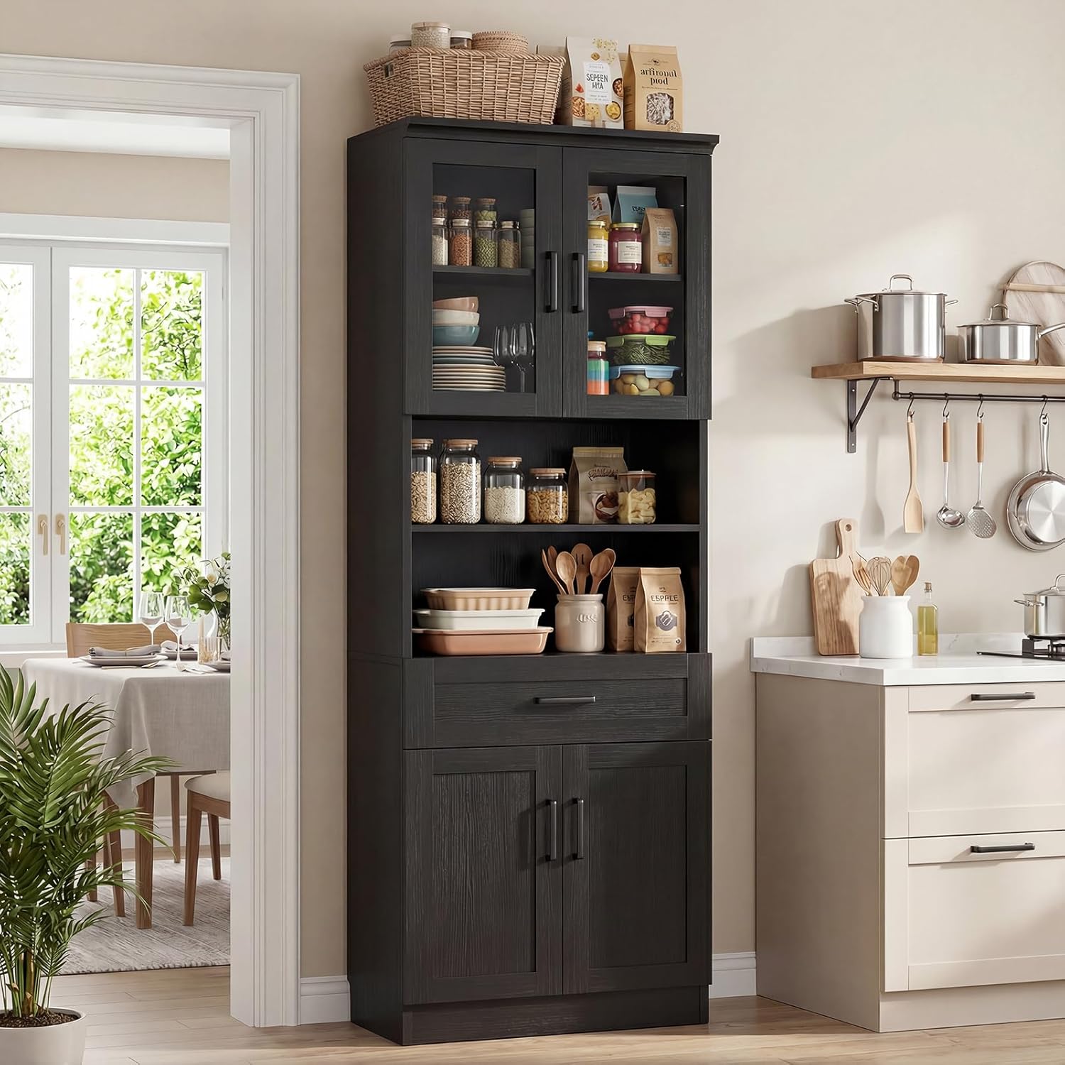 Unikito 79.7" Tall Kitchen Pantry Storage Cabinet, Freestanding Kitchen Hutch Cabinet with Glass Door, Adjustable Shelves and Drawer, Display Bookcase for Living Room, Dining Room, Bathroom, Black