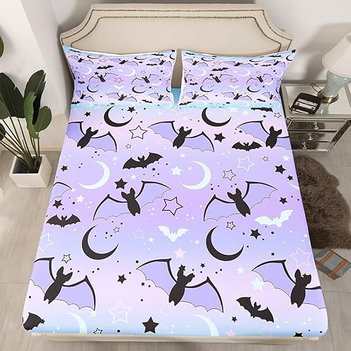 Juego de funda de edredón de Halloween, sábana bajera ajustable de arcoíris para niños y niños, diseño de murciélago, luna y estrella, juego de