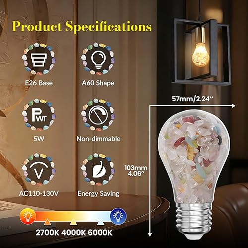 Miniatura 8 de Bombillas LED A19 de piedra de cristal curativo, bombillas LED E26 de 5 W, 3CCT 2700 K4000 K6000 K, bombilla única no regulable, AC110-130 V para