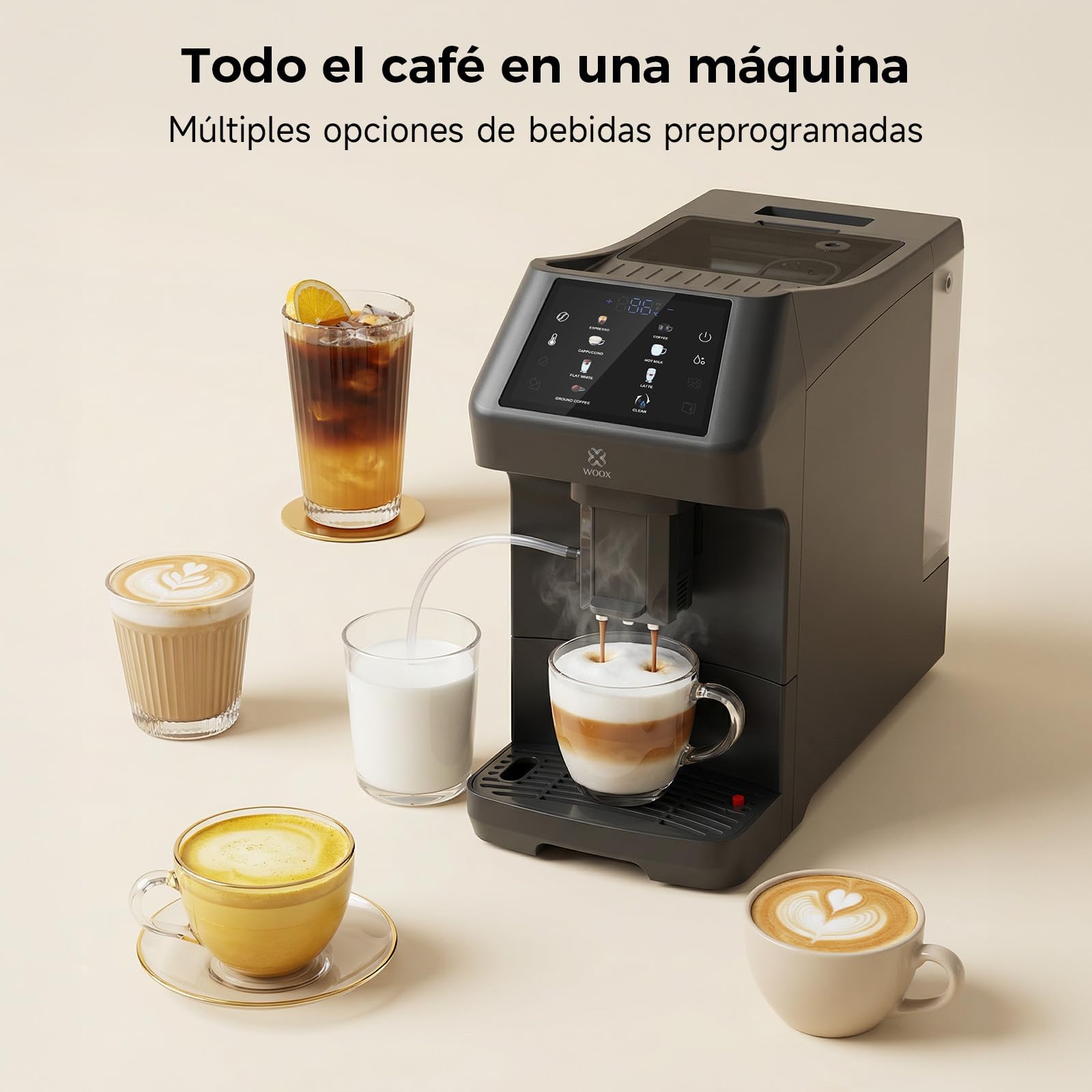 Woox Cafetera Superautomática de 20 Bares – Máquina de Café con Molinillo y Espumador de Leche, Tanque 1,5L, One-Touch, Autolimpieza, Cafetera Profesional para Hogar y Oficina