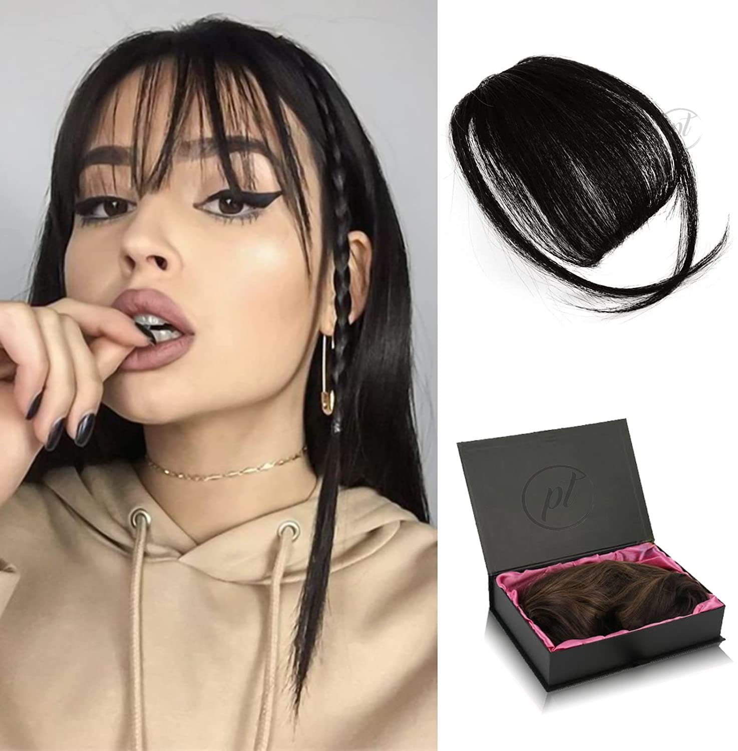 Promote Trader 1pc Clip in Wispy Light Bangs Hair Extensions, Natural Black Remy Hair Extension Natural Straight Real Human Hair Wig for Women