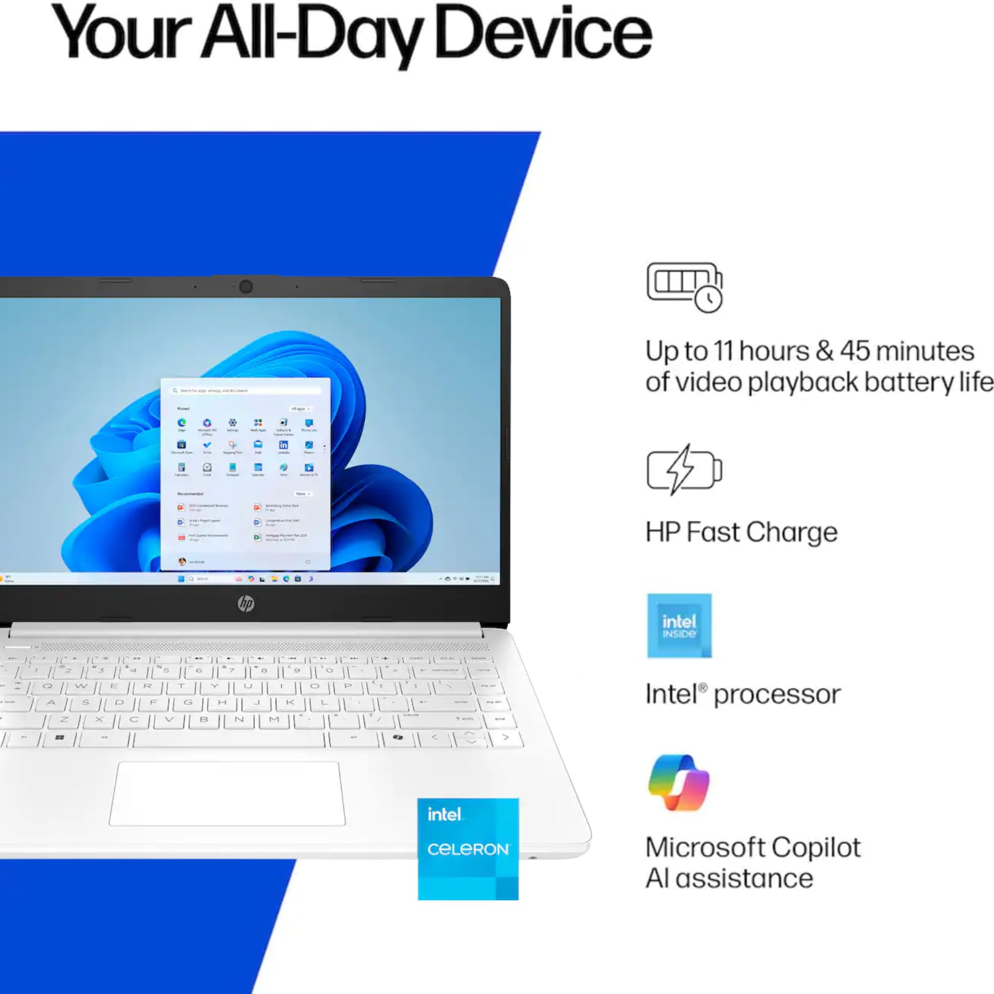HP Laptop de 15.6" con almacenamiento Microsoft 365-1.1TB - Memoria de 8 GB - Intel Inside | Pantalla antirreflejo, SSD de 128 GB y almacenamiento en la nube de 1 TB, CPU de 4 núcleos, carga rápida y