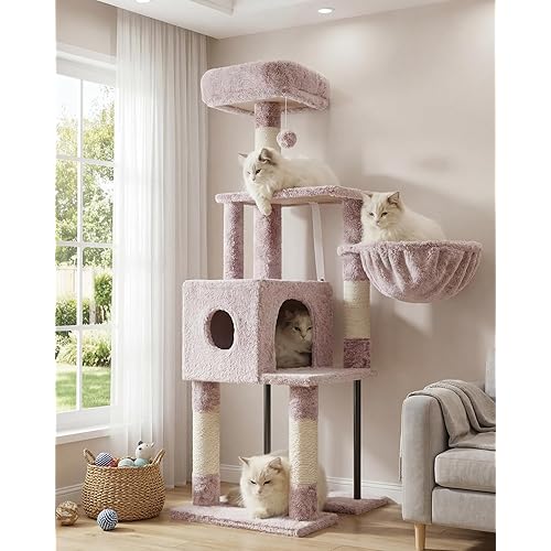 Heybly Cat Tree, 49.2 Inches Cat Tower for Indoor Cats, Spacious Cat House Condo with Hidden Space，Sturdy Steel Tube，Soft Plush Top Perch，Cozy Hammock and Sisal Scratching Posts, Muchroom HCT200SMU