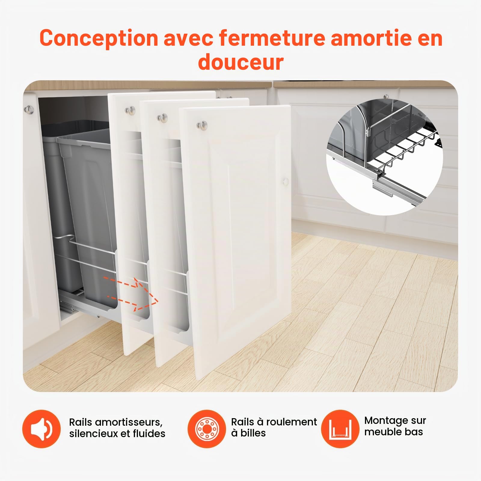 VEVOR Poubelle Coulissante sous Évier et sous Plan 2x43,4 L, Collecteur de Déchets avec Système Coulissant en Métal à Fermeture Douce, Système de Tri Sélectif Placard Meuble Bas, Cuisine, Gris