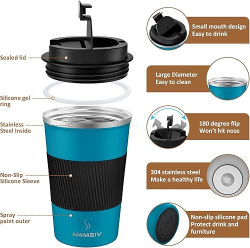 Miniatura 2 de MOMSIV - Taza de viaje de 12 onzas, taza de café aislada con tapa a prueba de fugas, vaso reutilizable de doble pared de acero inoxidable al vacío