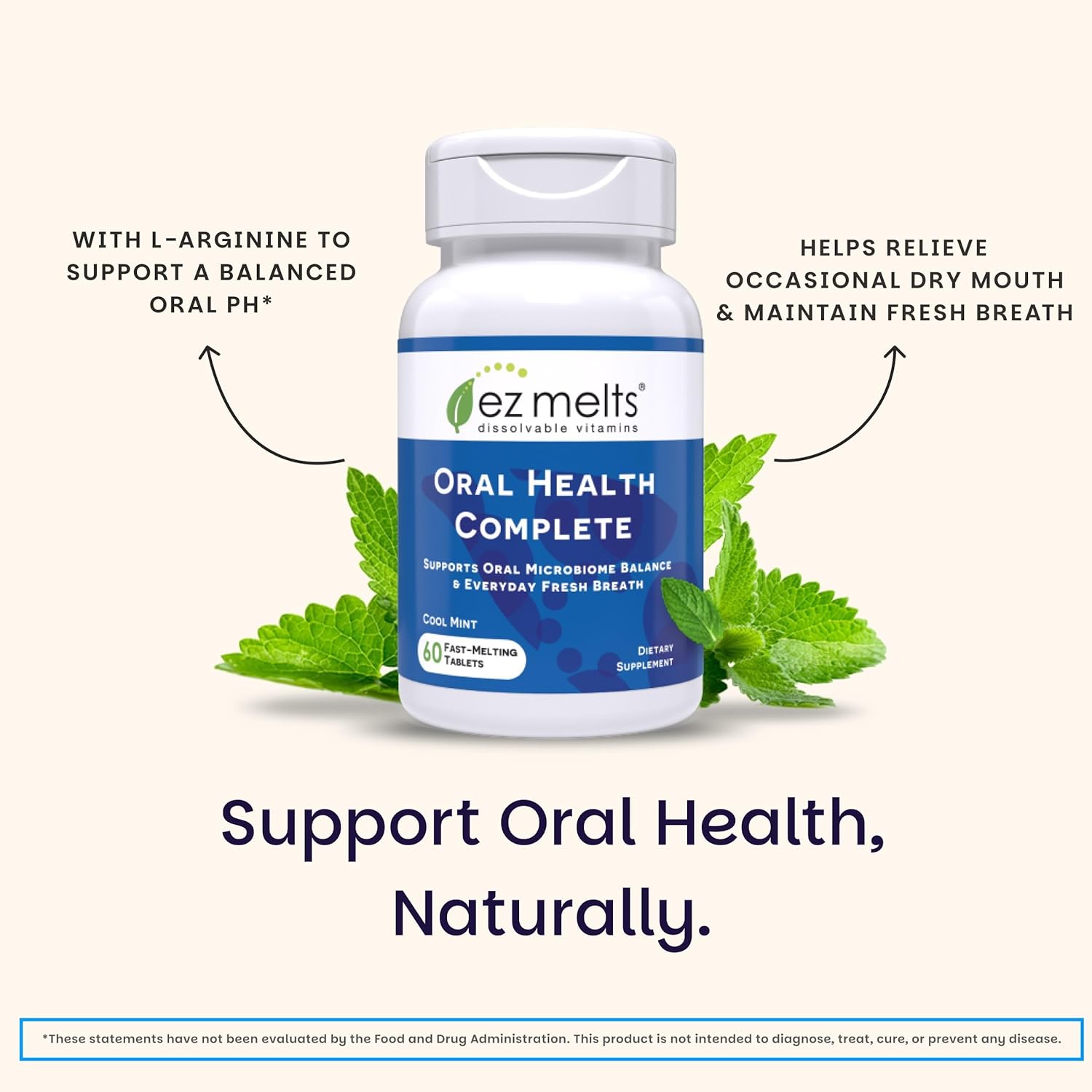 EZ Melts Oral Health Complete - Oral Probiotic - Supports Gum Health, Fresh Breath & Helps Relieve Occasional Dry Mouth - No Artificial Flavors, Non-GMO & Vegan - 60 Sublingual Tablets (30 Servings)