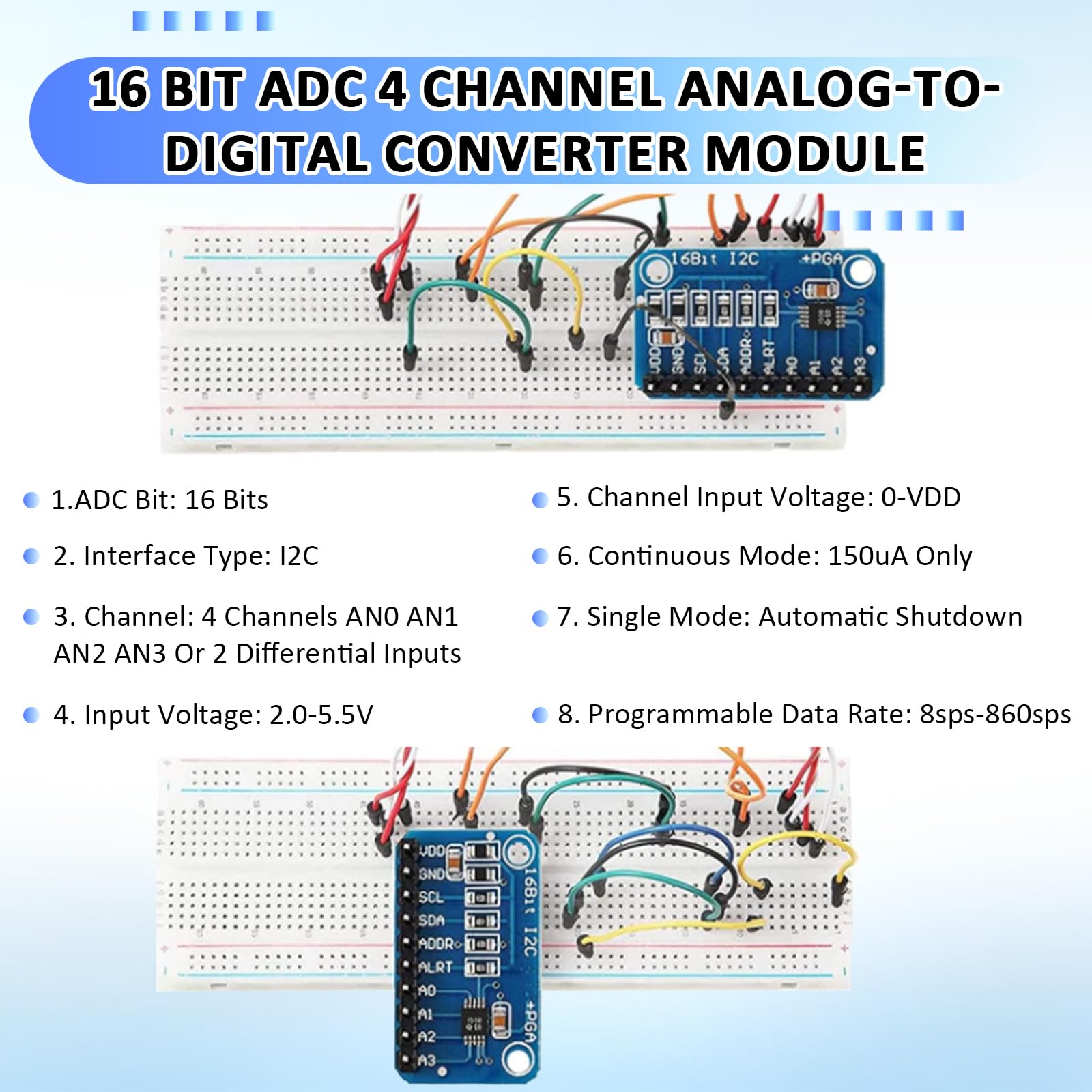 Modulo Convertitore ADC 16bit 4 Canali,analogico-digitale Modulo scheda di sviluppo,convertitore analogico digitale ADS compatibile con Arduino e Ra-Pi (5PCS)