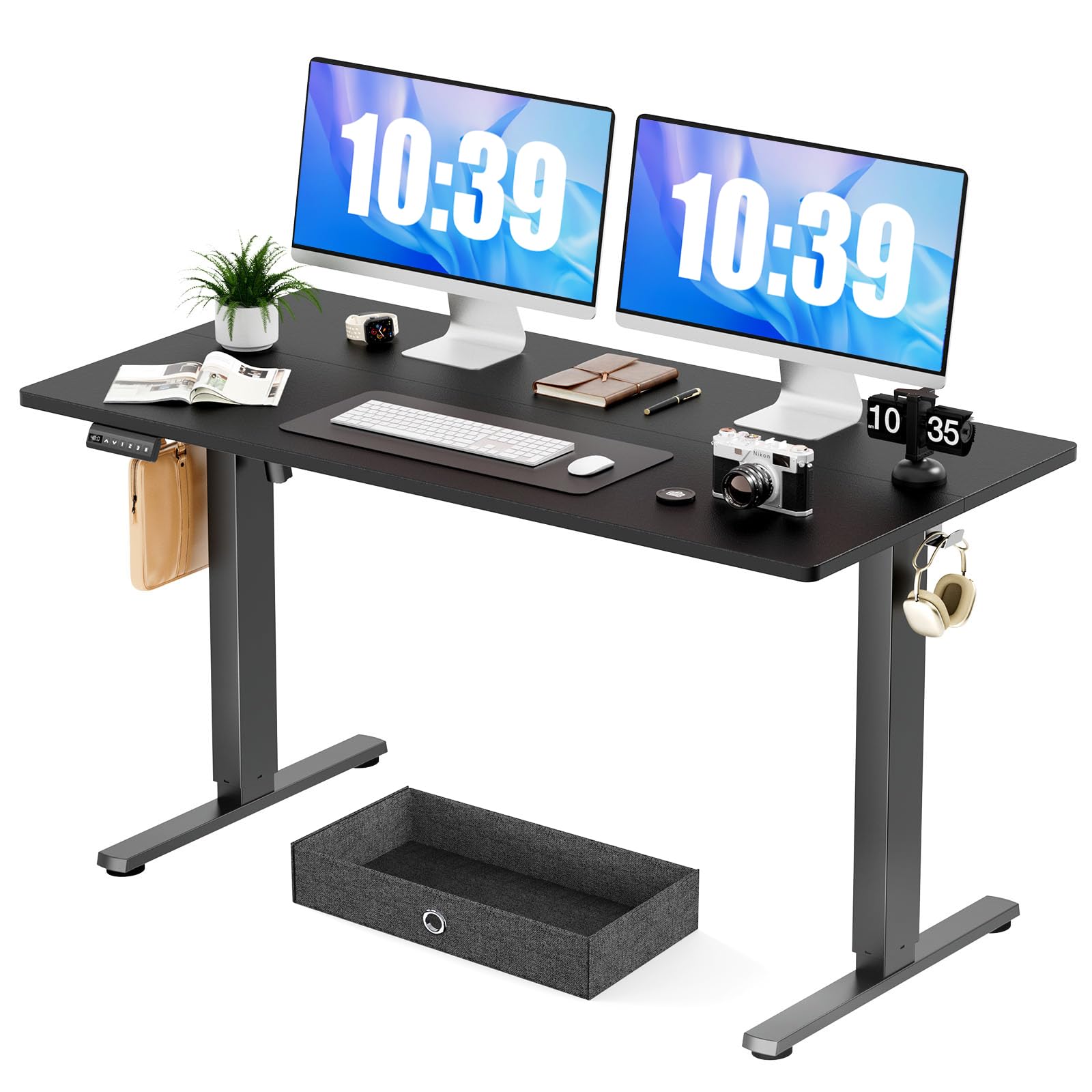 Electric Standing Desk with Drawer - 55 x 24 inch Adjustable Height Sit to Stand Up Desk with Splice Board, Rising Home Office Computer Table with 2 Hook and Wire Hole for Work, Study or Gaming