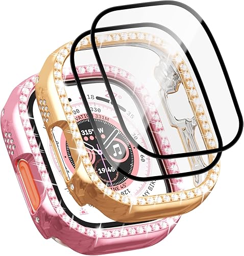 Paquete de 2 + 2 fundas brillantes para Apple Watch Ultra de 1.732 pulgadas, funda protectora JZK 2 rígidas con marco de cristal de diamante + 2