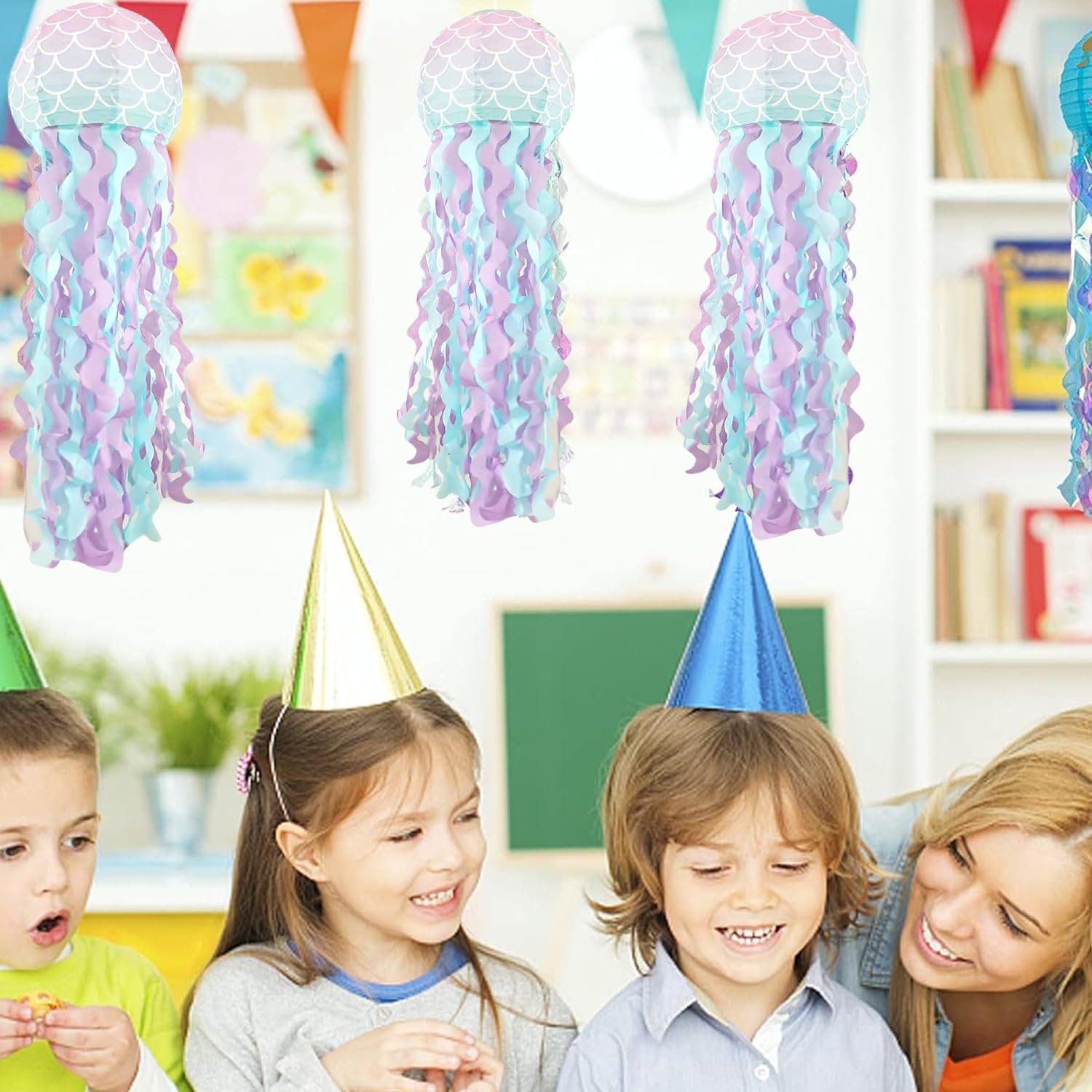 Linternas de Papel de Medusas: TOATELU 4 Piezas 25cm/10inch Linternas Decorativas de Sirena, Decoraciones de Fiesta de Cumpleaños, Suministros de Fiesta Temática del Océano