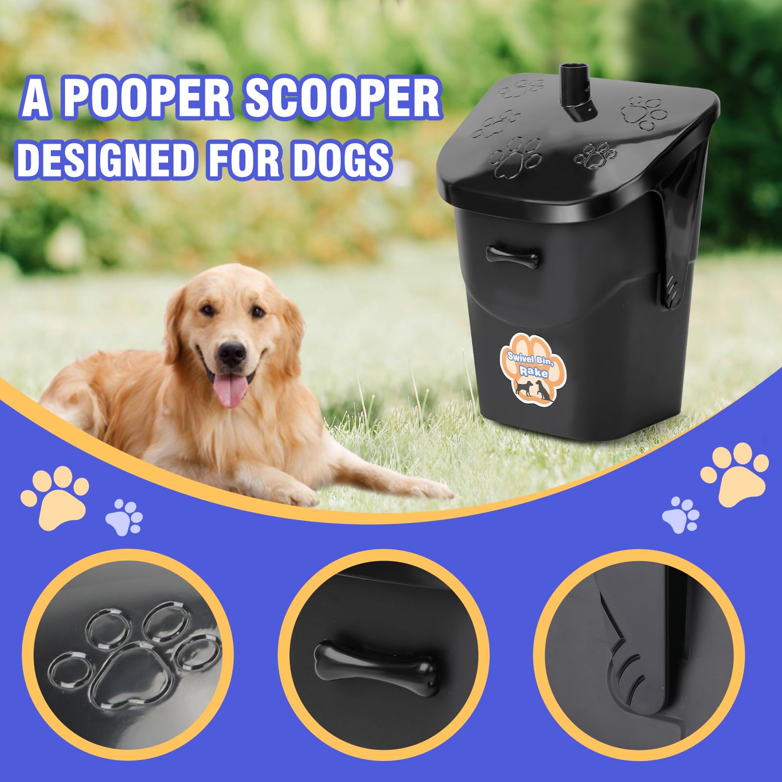 Kit Recogedor de Excrementos para Perros con Cubo Giratorio, Rastrillo y 20 Bolsas – Mango Largo para Jardín y Exterior