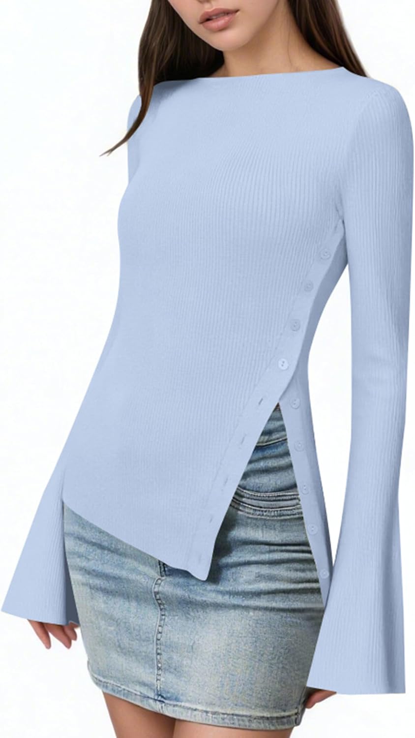 MISSACTIVER Button Down Asymmetrical Sweater Side Split Long Bell Sleeve Boat Neck Shirts Flare Sleeve Knit Pullover Tops