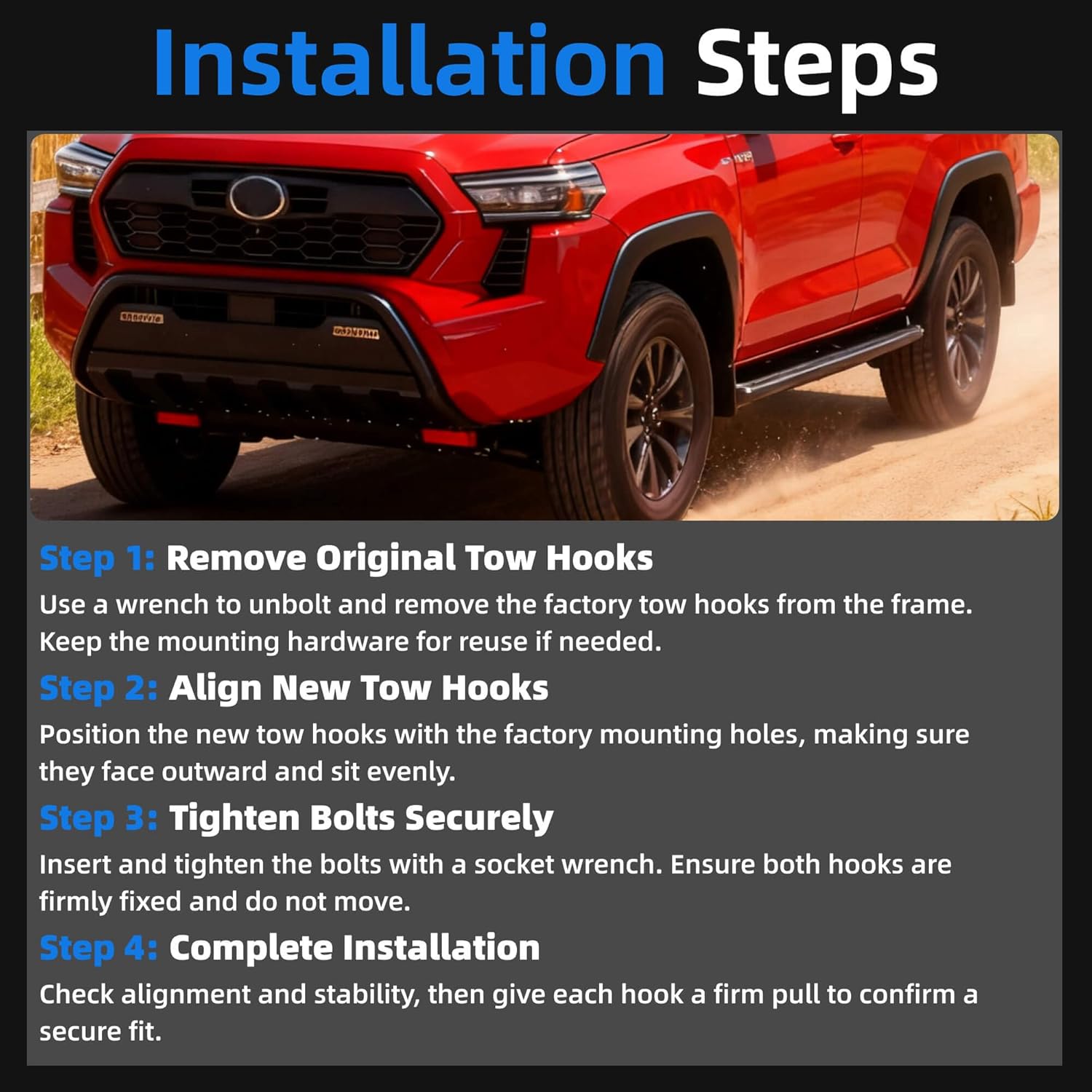 Front Tow Hooks Compatible with Toyota Tacoma 2024-2026, 4Runner 2025-2026, Land Cruiser 250 2024-2025, Heavy-Duty Red Recovery Hooks 2PCS, Direct Bolt-On Installation, Truck Accessories