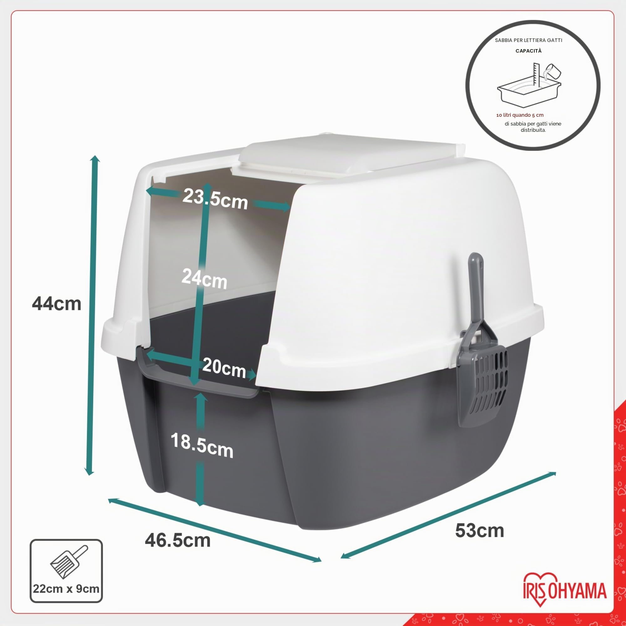 Iris Ohyama Lettiera per Gatti with Scoop, Grigio, Antispruzzo, Facile da pulire, Chiuso, Per Gattini, Gatti Adulti, Conigli, Grande, Senza BPA, Lato alto, Cappuccio staccabile, CLH-17J