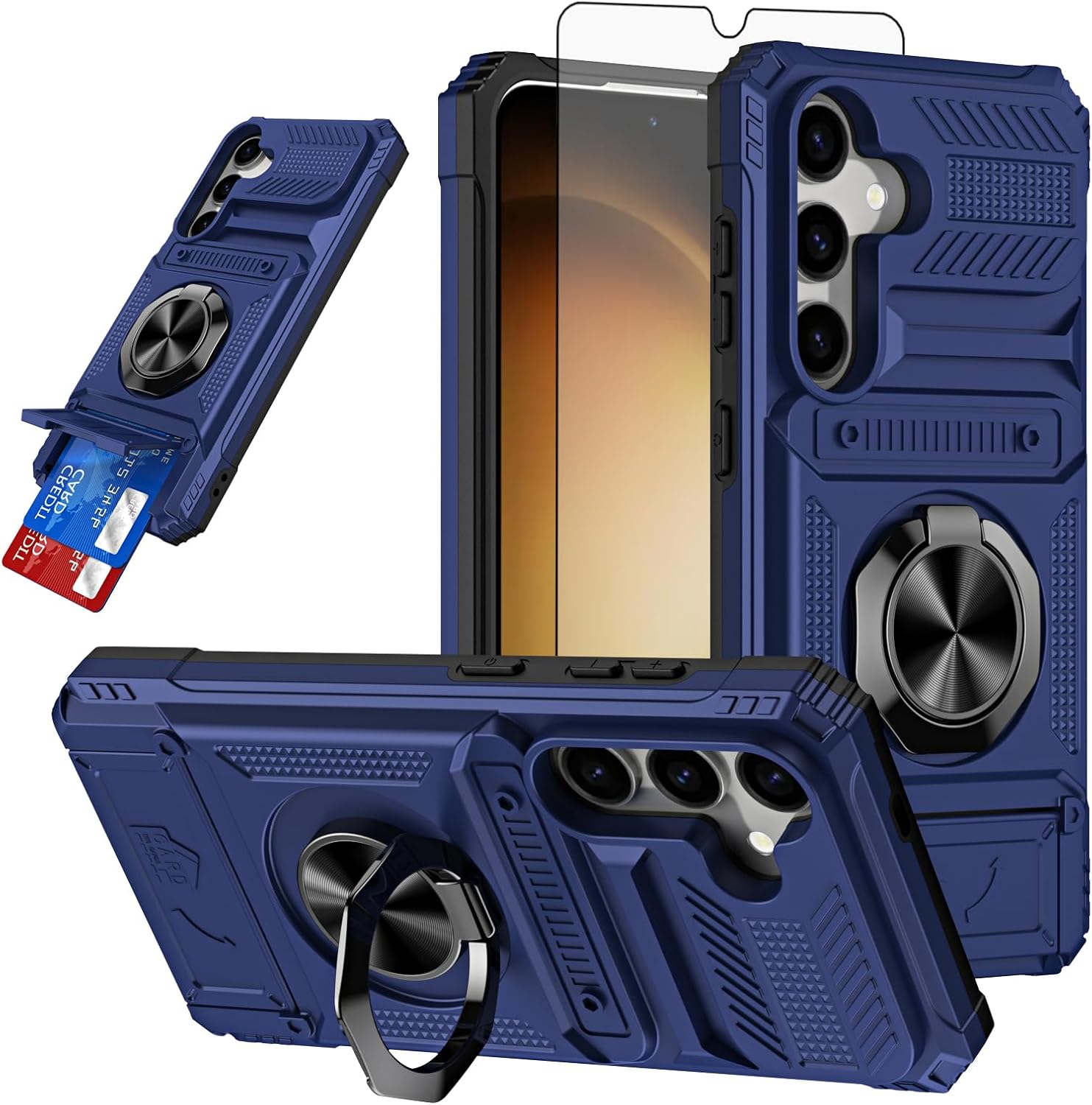 Phone Case for Samsung Galaxy S24/S25 5G with Tempered Glass Screen Protector Card Slots Ring Stand Shockproof Soft Silicone Bumper Hybrid Two Layer Defender for S 24 24S 25 25S G5 Blue