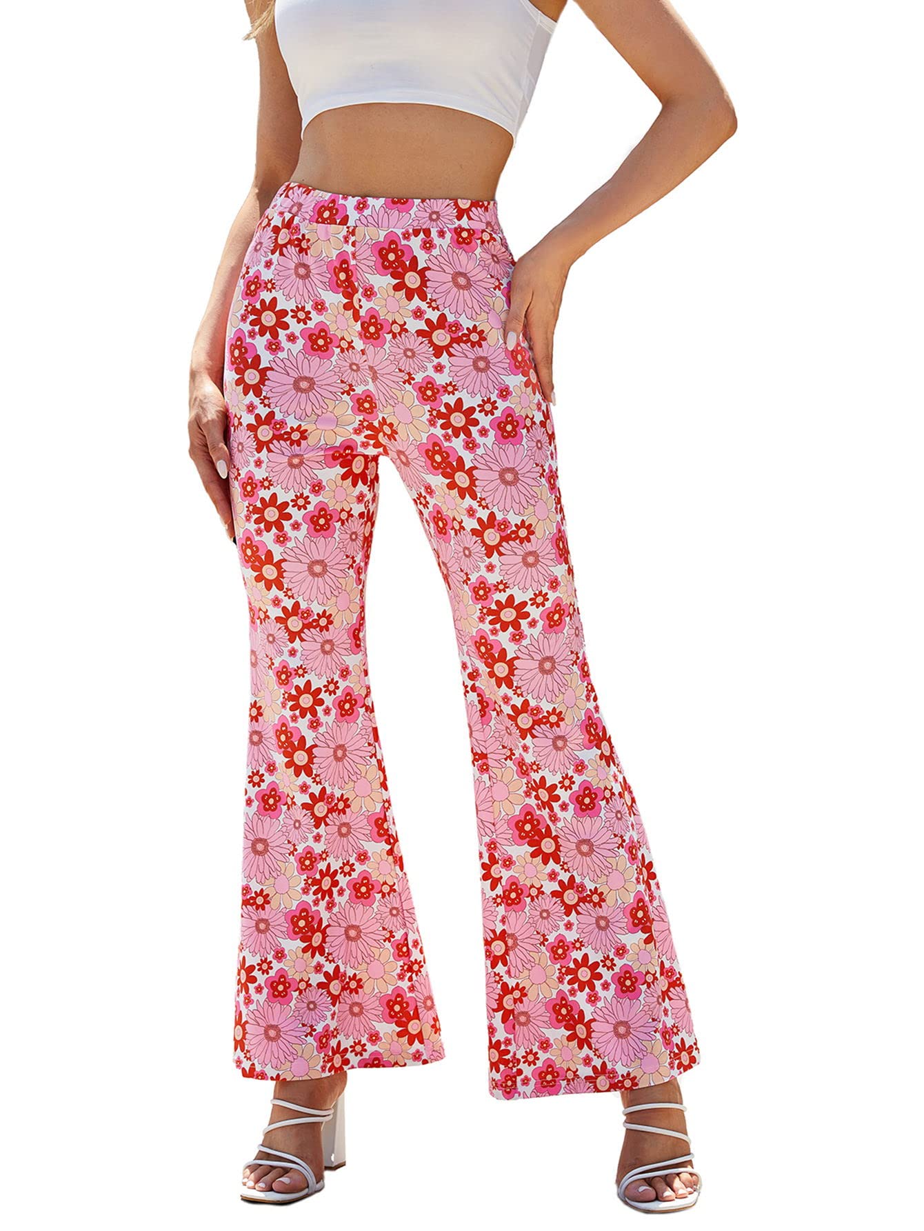 WDIRARA Womens Floral Print Elastic Waist Flare Bell Bottom Pants Elegant Long Trousers