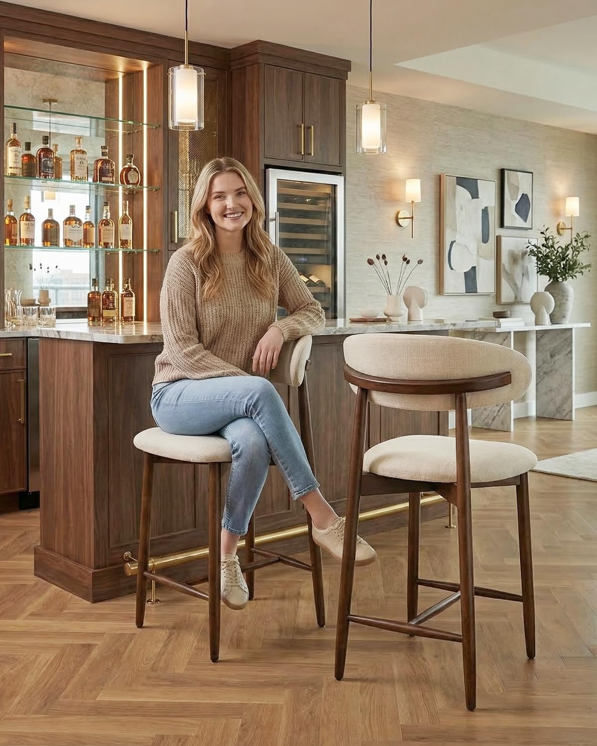 Bar Stools Set of 1, 25.6″ Counter Height Bar Stools with Wood Legs, Upholstered Modern Kitchen Barstools for Kitchen Island Dining Room Bar, Beige