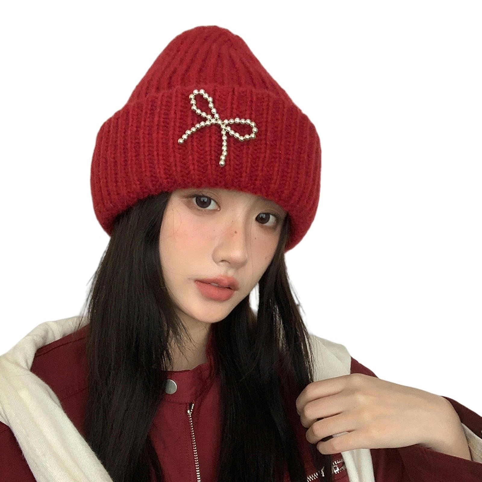 Bonnet femme bowknot black tricoté en laine rouge pour automne hiver