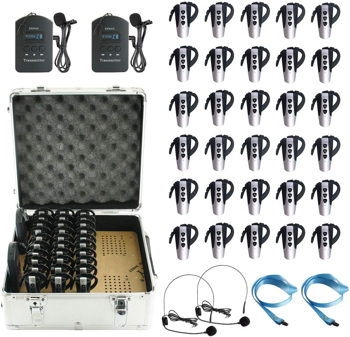 EXMAX® EXD-6824 Wireless Tour Guide System for Tour Guiding Simultaneous Translation Museum Visiting Coaching Church Assistive Listening System (EXD-6824-2T30R+ChargeCaseMiniUSB)