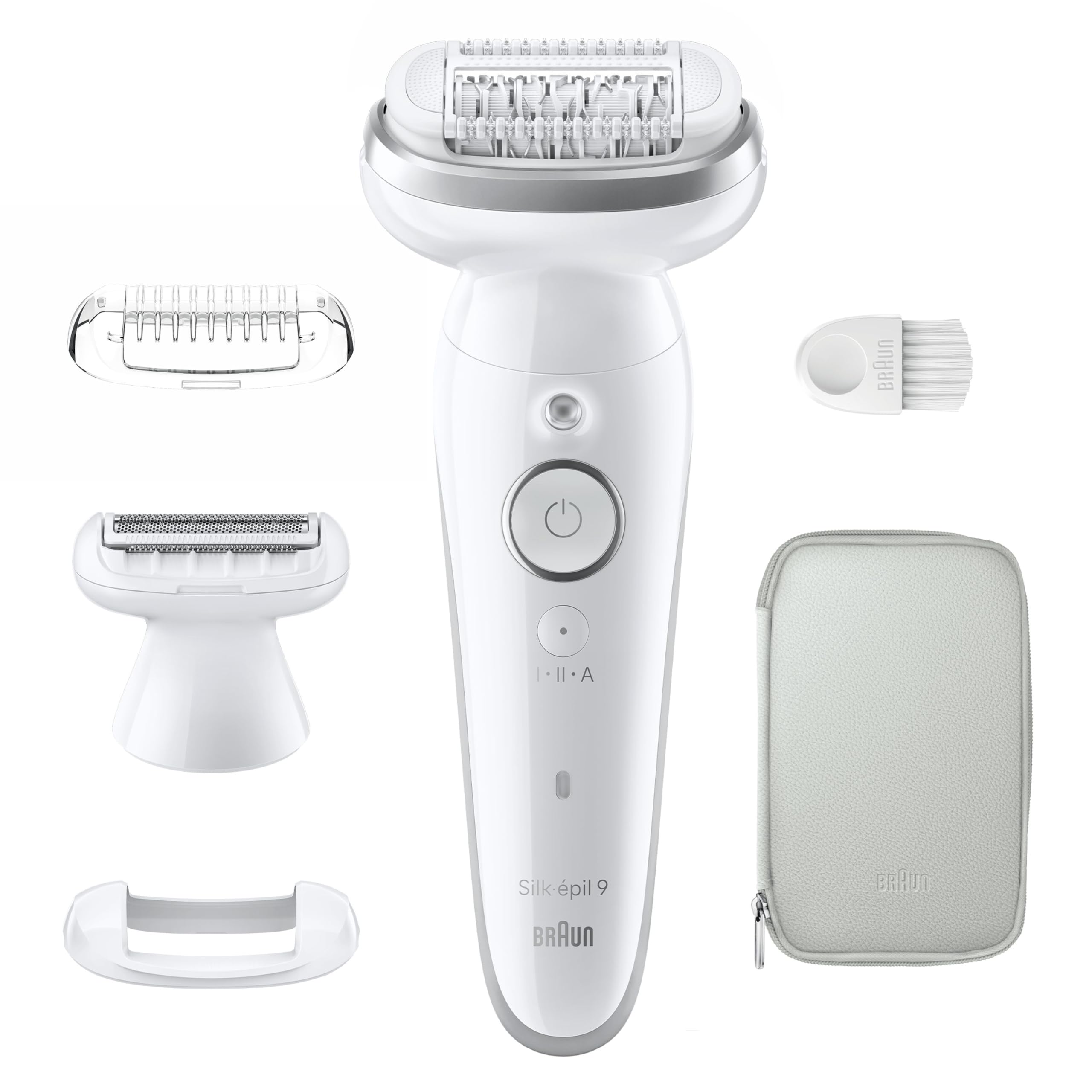 Braun Silk-épil 9 Épilateur Étanche Tête Pivotante Peau Douce Longue Durée Tête De Rasoir Sabot Tondeuse Blanc/Argent