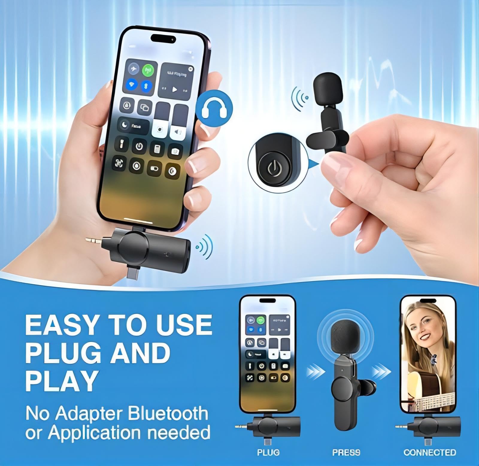 Professional Cordless Lavalier Microphone - 3 In 1 Wireless Mic For IPhone/Android/Camera