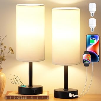 Bedside Lamps Set of 2, Dimmable White Bed Side Lamp with 2 USB Charging Ports, Black Base Bulbs Included [Energy Class F]
