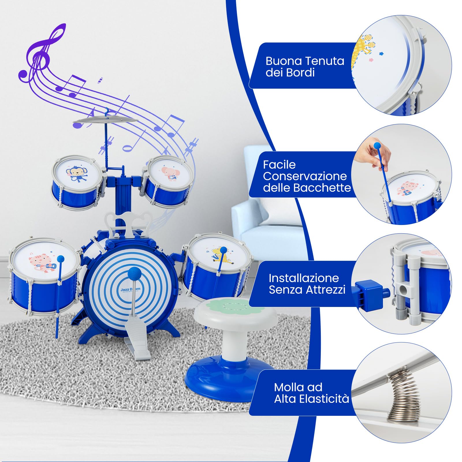 GYMAX Set Batteria Jazz per Bambini con 5 Tamburi, 1 Cimbalo, 2 Bacchette, 1 Leggio e Pedale, Set di Tamburi con Sgabello, Giocattolo Strumento Musicale per Bambini 3+ Anni, Blu