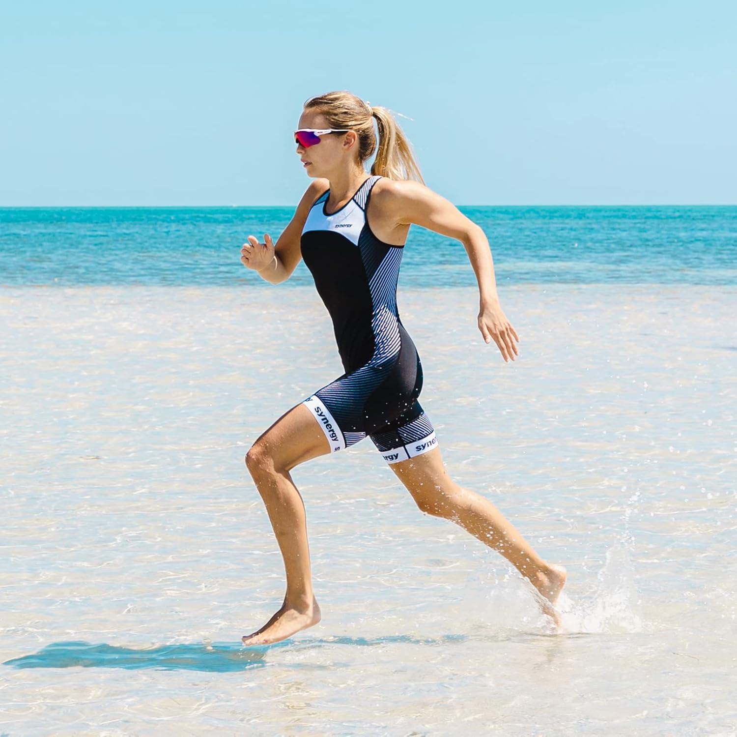 Synergy Women's Tri Suit - One Piece Triathlon Open Back Trisuit (Solid Black, Large)