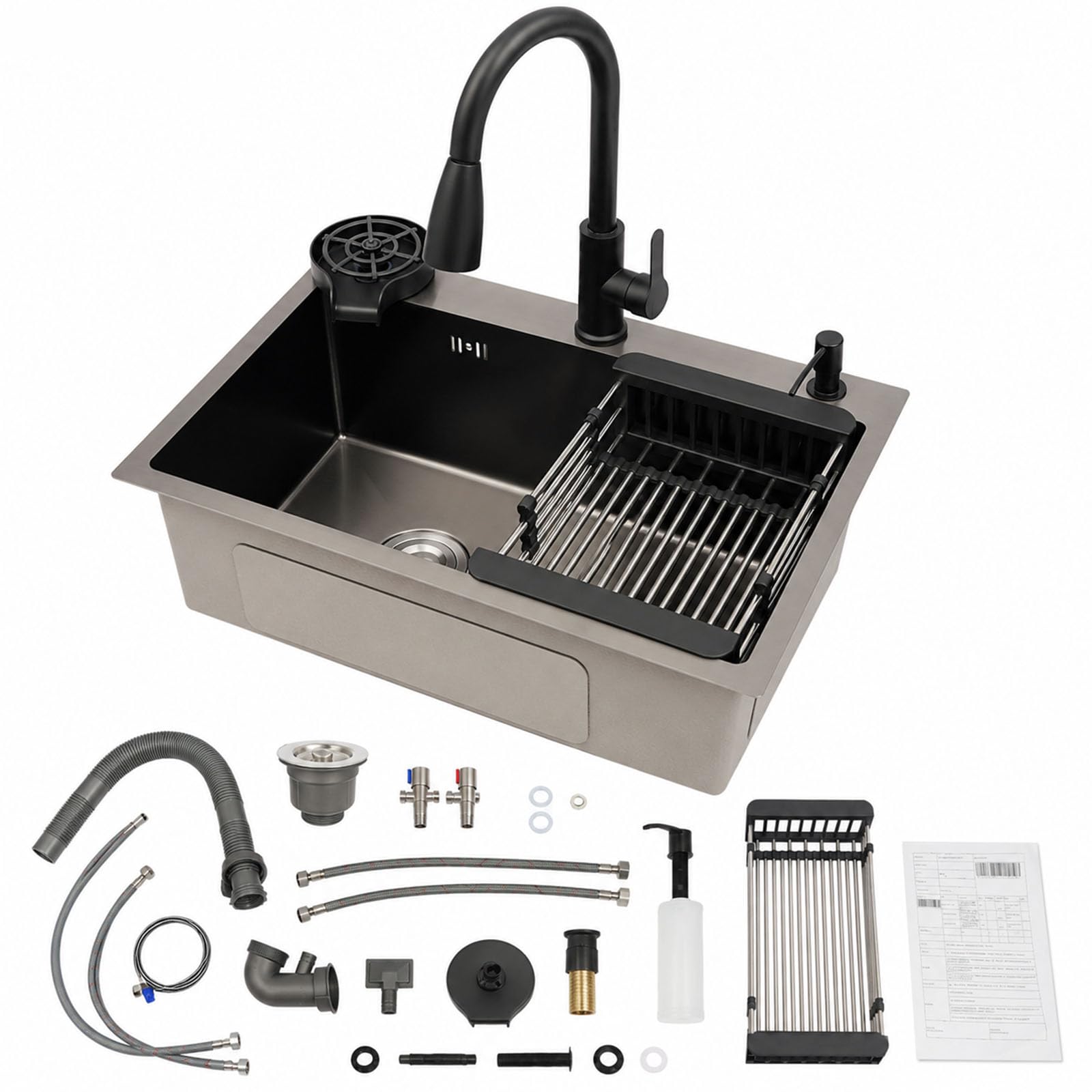 Fregadero de cocina de acero inoxidable, 1 fregadero de cocina, 45 x 40 cm, con grifo extraíble, fregadero empotrado con lavavajillas para tazas, escurridor y dispensador de jabón, para restaurantes