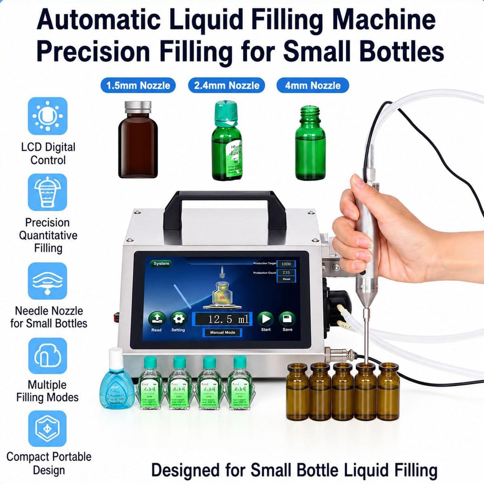Flüssigkeitsfüllmaschine 1-100ml mit 3 Füllköpfen, Digitaler Lautstärkeregler & LED-Anzeige, Automatischer Spender für Kleinunternehmen & Heimgebrauch