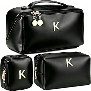 YOPCDJ Personalized Initial Makeup Bag for Women, Large Travel Cosmetic Case with Clear Divider and Handle, Open Flat Toiletry Organizer, Birthday Gift for Teen Girls (Black-K)