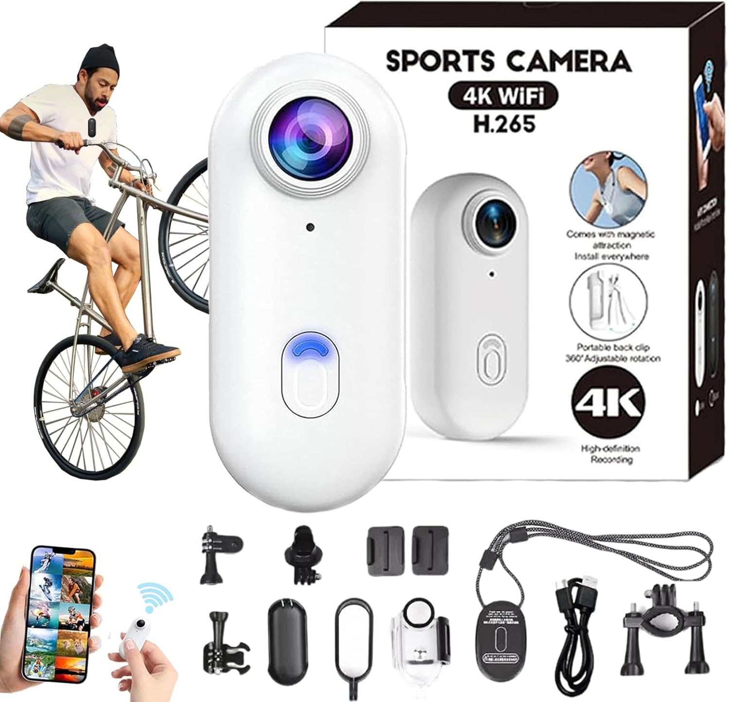 The Snap Cam, Snapcam Baseball, Handsfree POV Pro 4k Camera, HD 1080p/4k Mini Wearable Body Adventure Action Cameras with Audio, Video, Mount Anywhere, for Vlogging, Cycling, Diving (White, 4K)