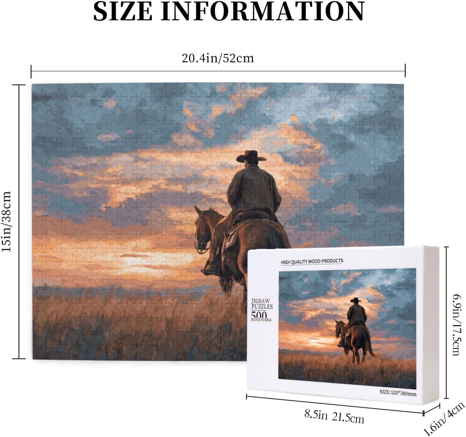 Sunset Prairie Cowboy On Horse Jigsaw Wooden Puzzles for Adults 500 Pieces, Engaging Activity for Western Culture Enthusiasts, for Living Room Family Bonding & Mind Exercise