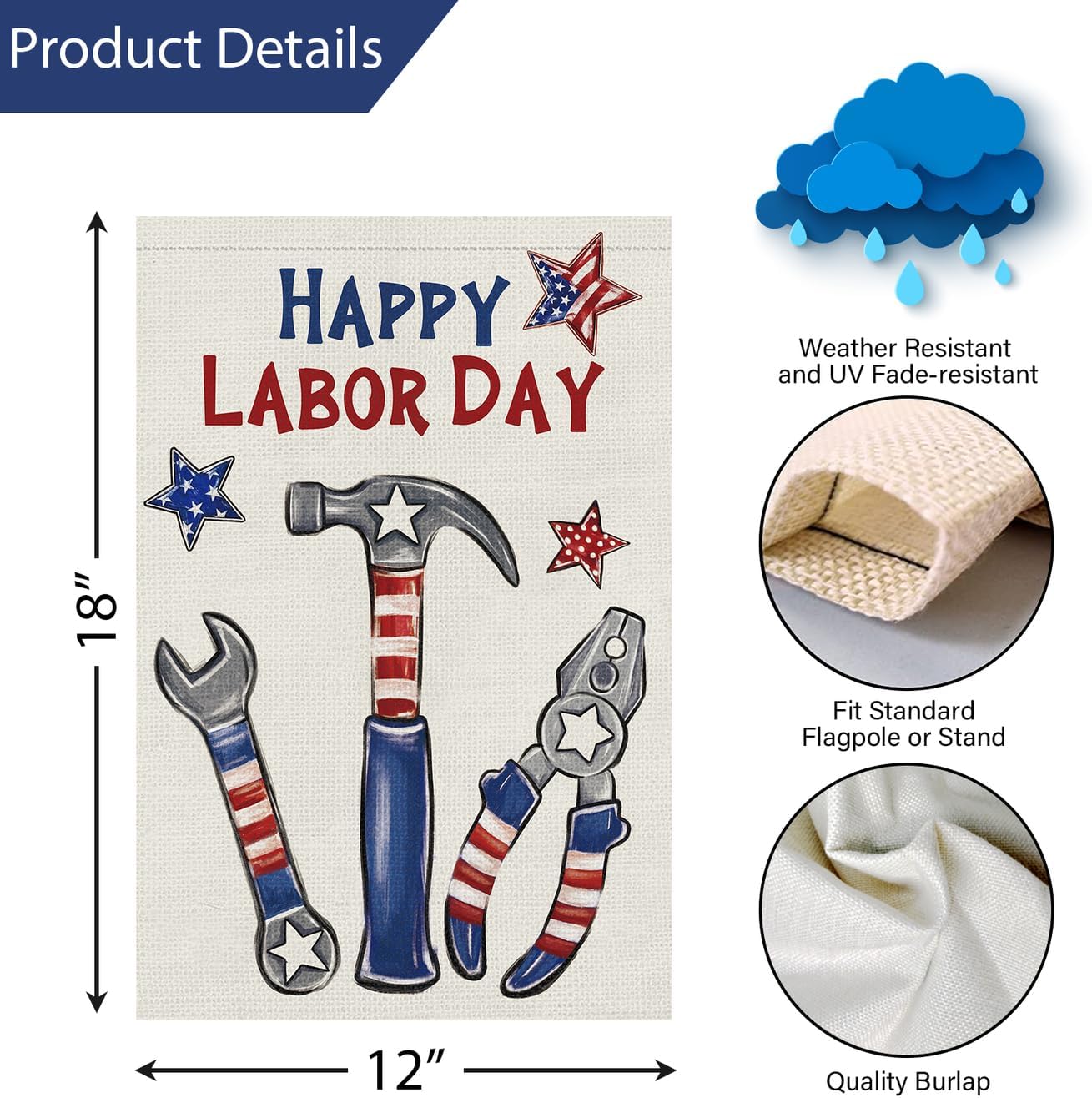 Louise Maelys Happy Labor Day Garden Flag 12x18 Double Sided Vertical, Burlap Small Stars Stripes Tools Garden Yard House USA Flags Banner Outdoor Outside Labor Day Decoration (ONLY FLAG) image 4