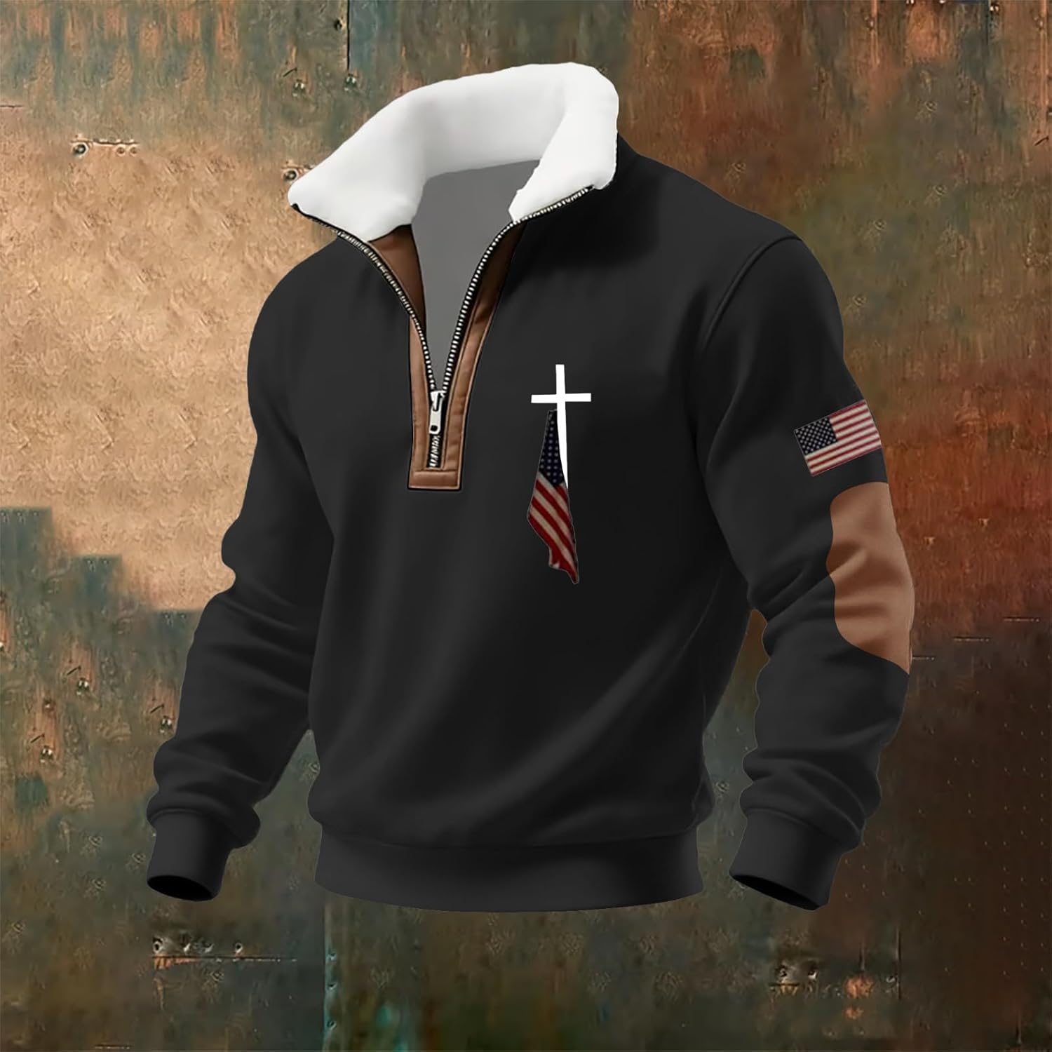 Christian Sweatshirts for Men American Flag Cross Faith Pullover Fleece Lined Quarter Zip Stand Collar Golf Sweaters - Image 2
