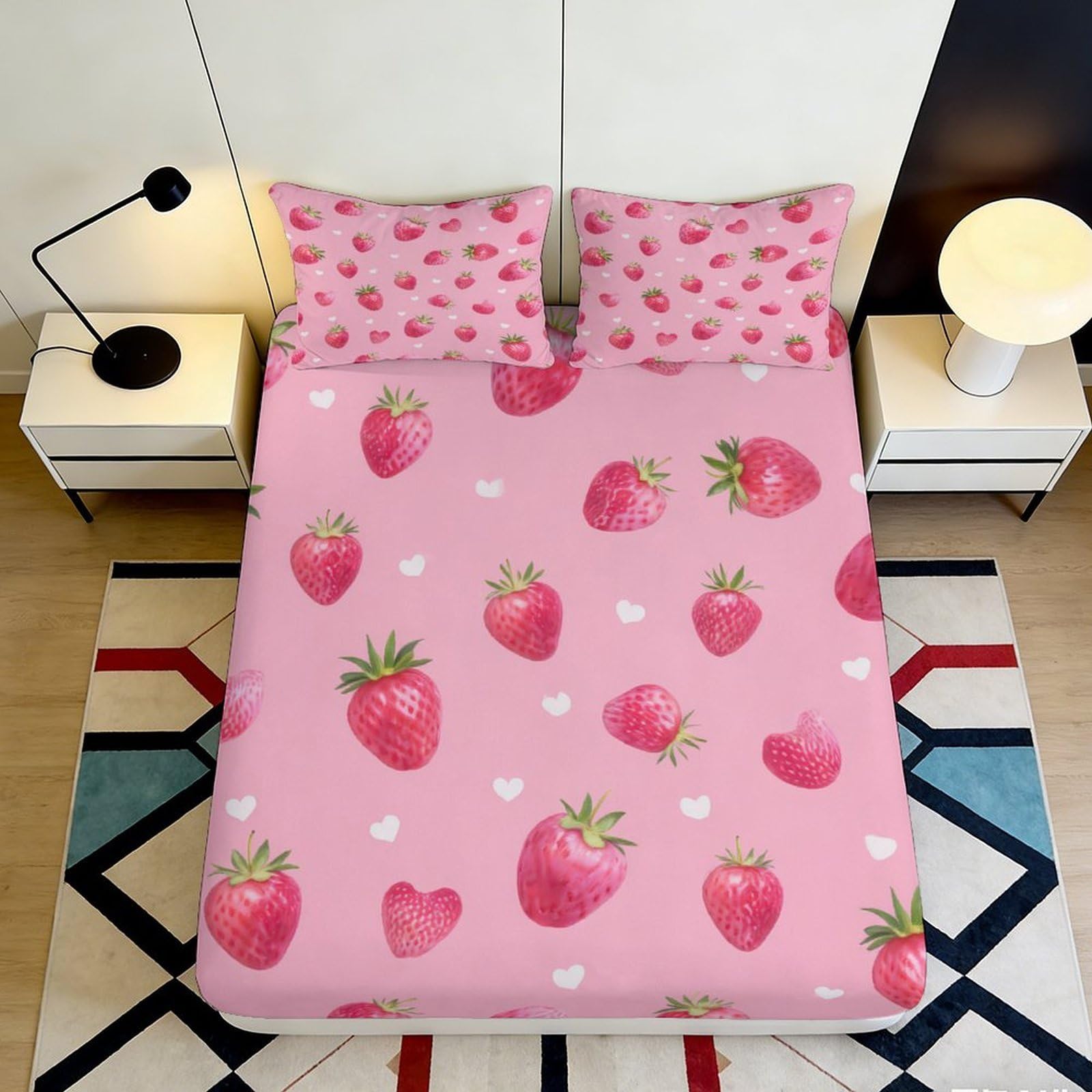 3D Printed Strawberry Heart Fitted Sheet Microfiber Pink Pattern Mattress Cover for Bedroom Dorm Bed Decor 160x200x25cm