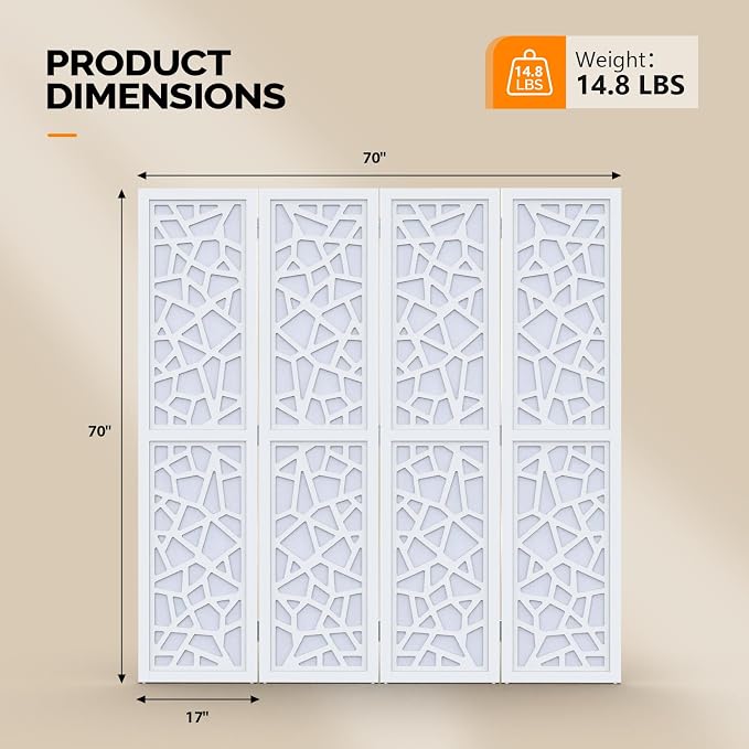 VINGLI biombo de 70 pulgadas, pantalla de privacidad de tela no tejida, separador de ambientes interior, divisor de espacio con patrón geométrico moderno (Blanco, 4 paneles) miniatura 3