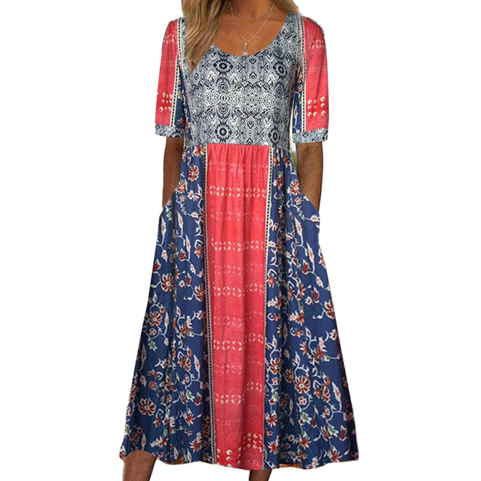 Abiti da Donna Abito Lungo A Manica Corta da Donna Rotonda da Donna con Abito Stampato-c-XL