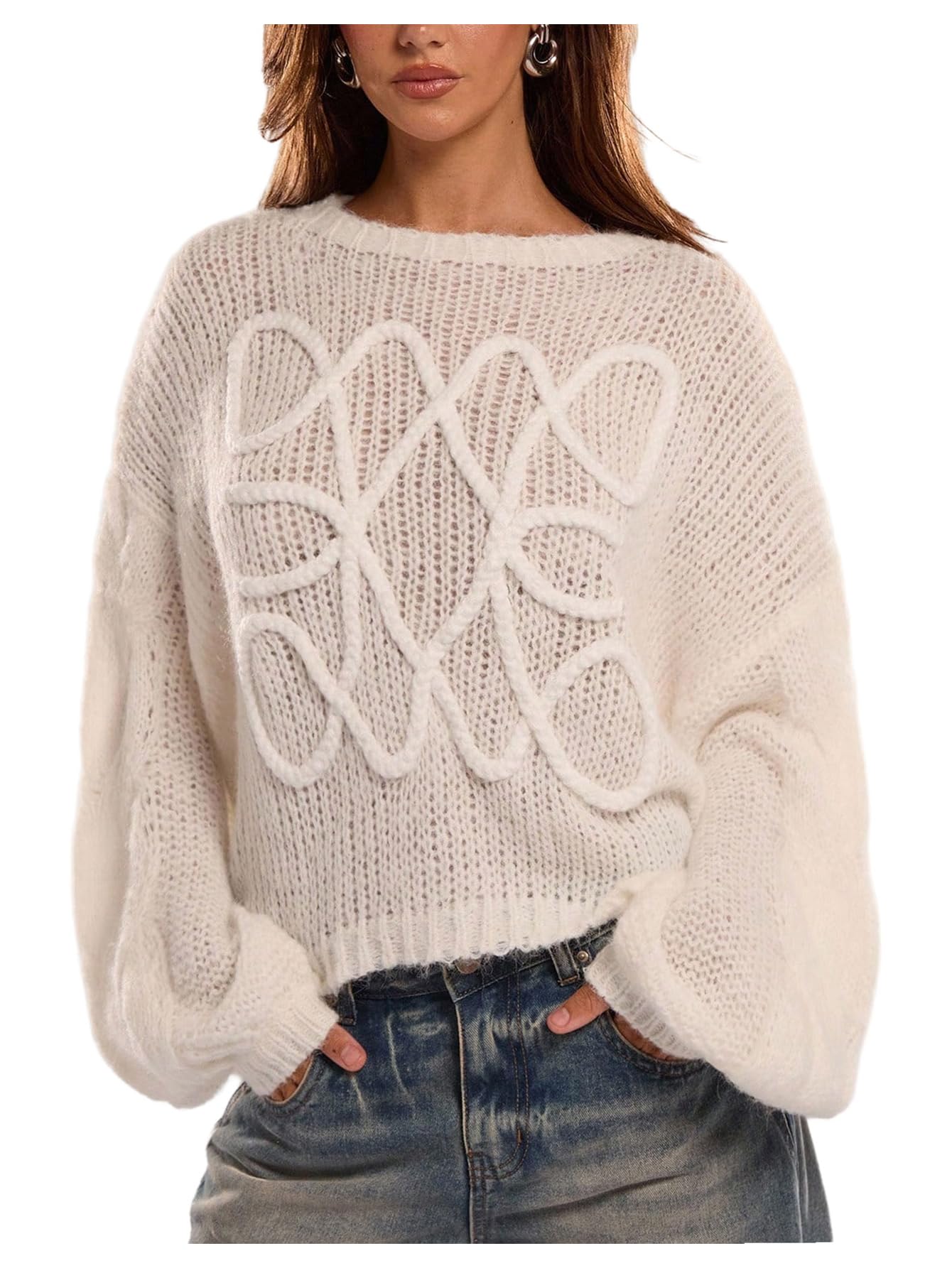 MakeMeChic Womens Crochet Lantern Sleeve Sweater Crew Neck Y2K Vacation Knit Tops