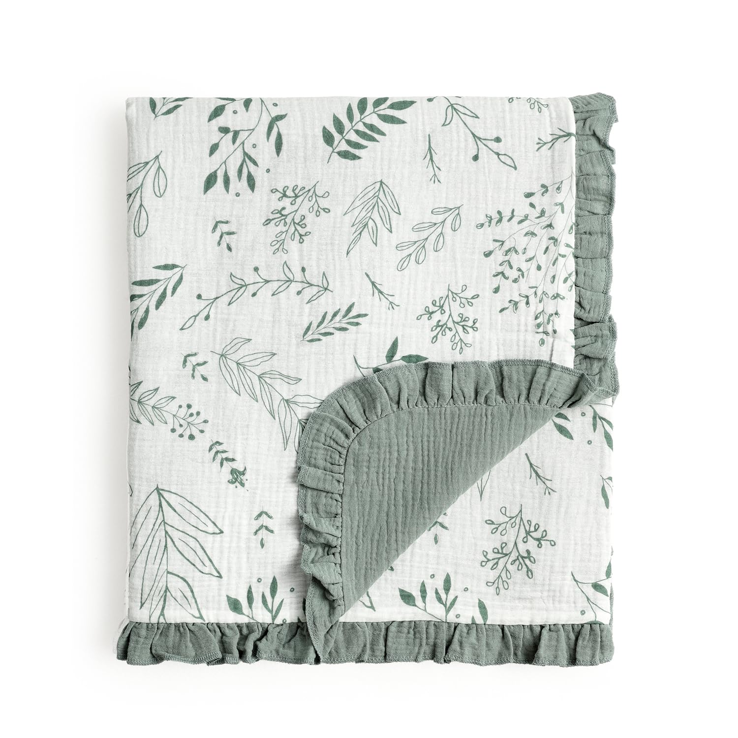 CREVENT 40''X40'' 100% Organic Cotton Muslin Baby Blanket for Newborns, Essential for Baby Shower Birthday Gift - Green Leaves with Trim 100X100cm