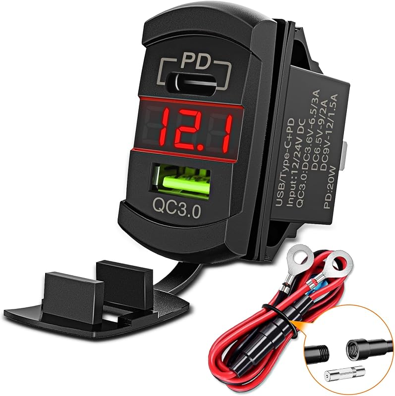 Carregador veicular Nilight PD Type C + USB QC3.0 com voltímetro LED e chave rocker – 1 unidade
