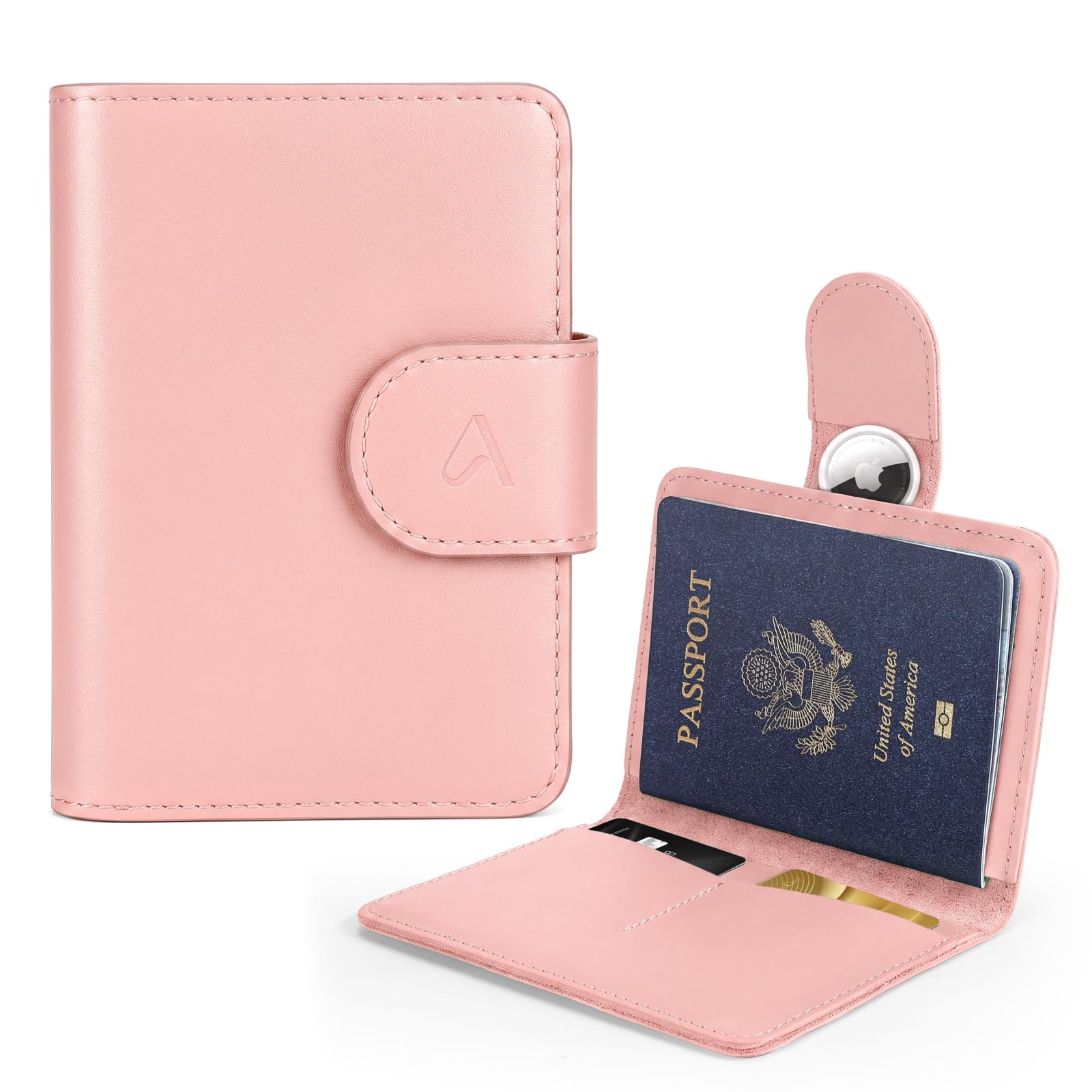 ALLIVE Rfid Passport Holder for Travel Women, Rfid Passport Cover Wallet, Genuine Leather Passport Holder for Travel with AirTag Hidden, Airport Essentials, Travel Gifts (Soft Pink)