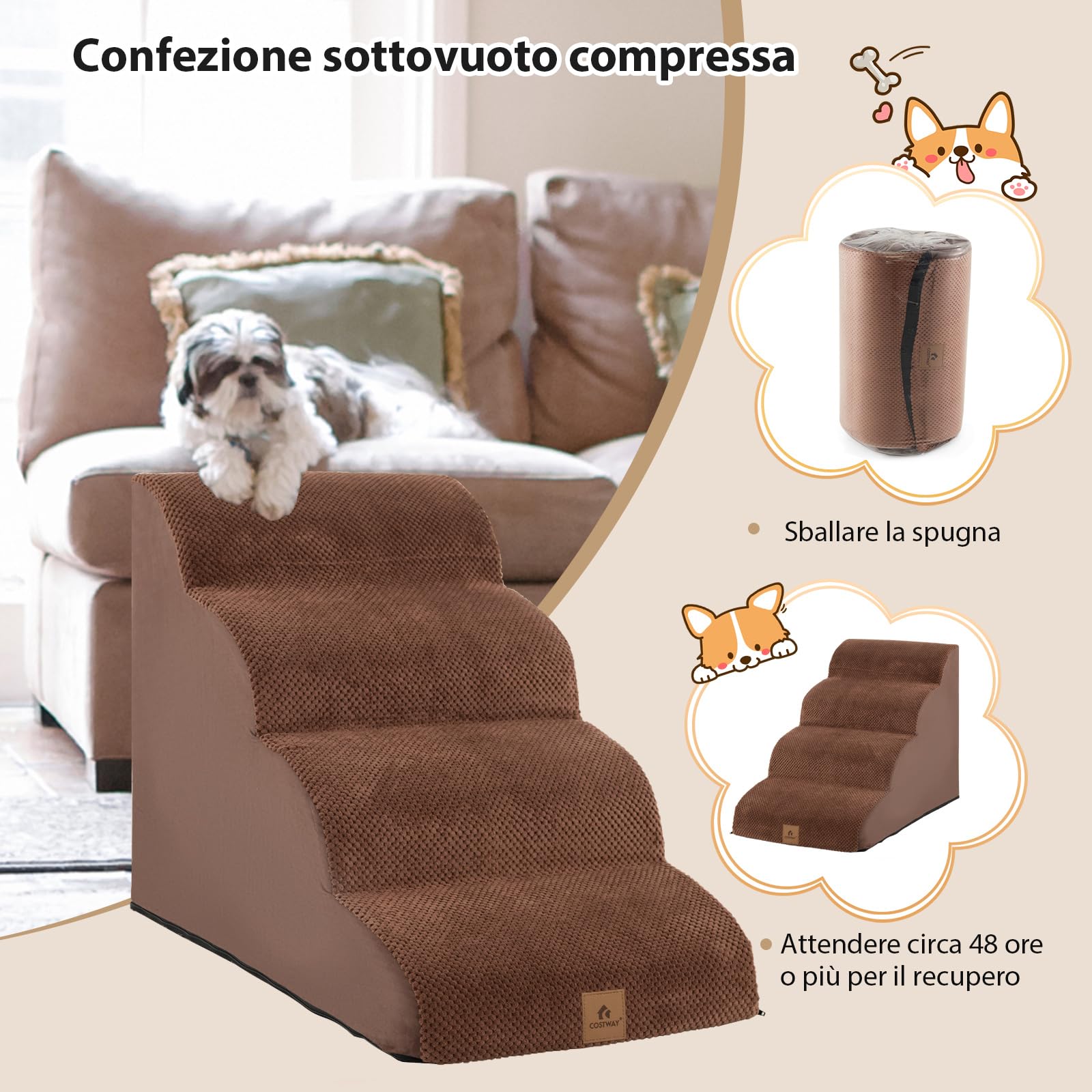COSTWAY Rampa per Cani in Schiuma a 4 Livelli, Scale Antiscivolo con Superficie a Pendenza Dolce per Divani e Letti Alti, Rampa per Cani Piccoli e Vecchi, Animali con Problemi alle Articolazioni