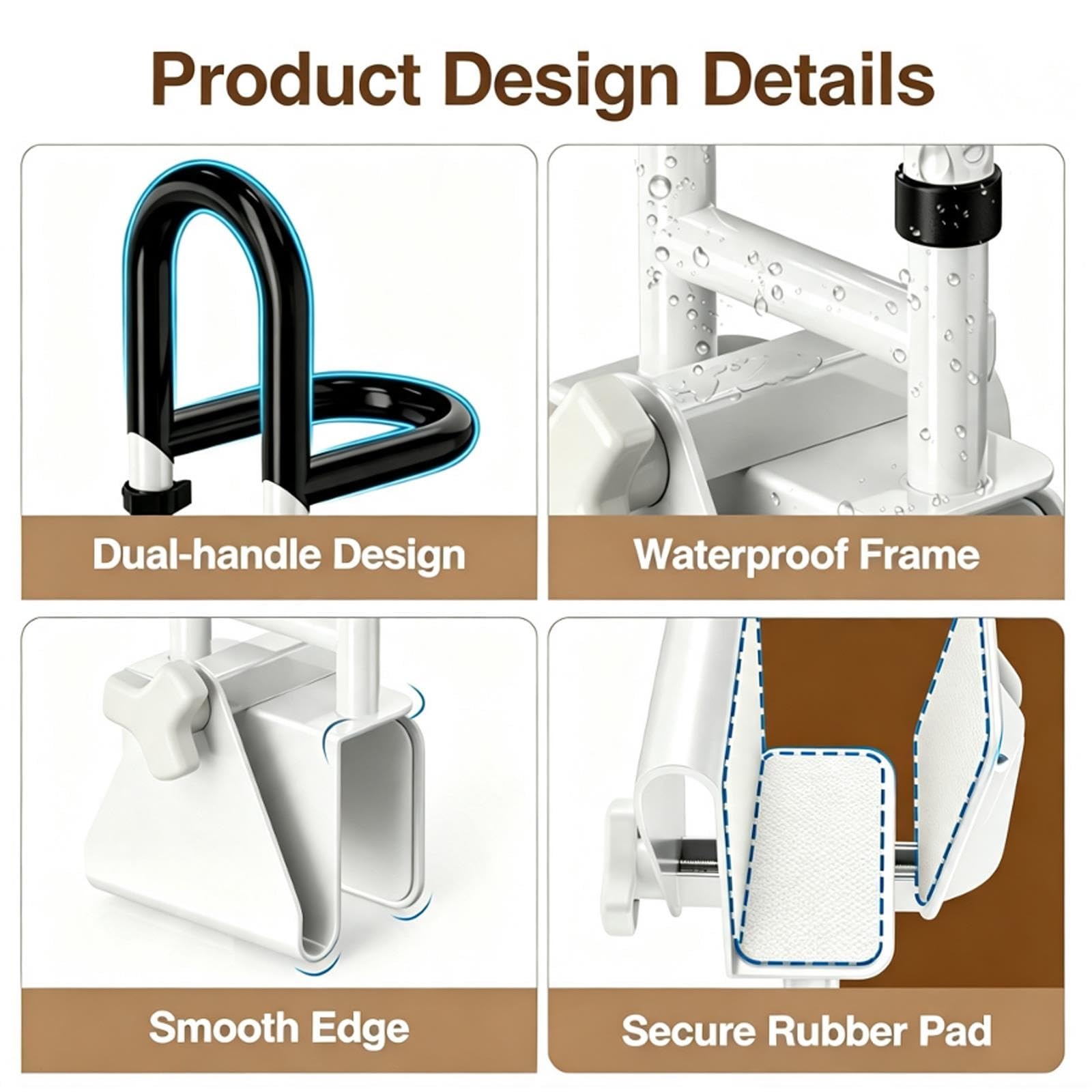 Corrimano Regolabile Vasca da Bagno, Doppia Impugnatura | Corrimano Doccia 38‑43,5 cm, Fissaggio Morsetto Senza Fori, 136 Kg, Maniglie Rimovibili per Anziani & Disabili