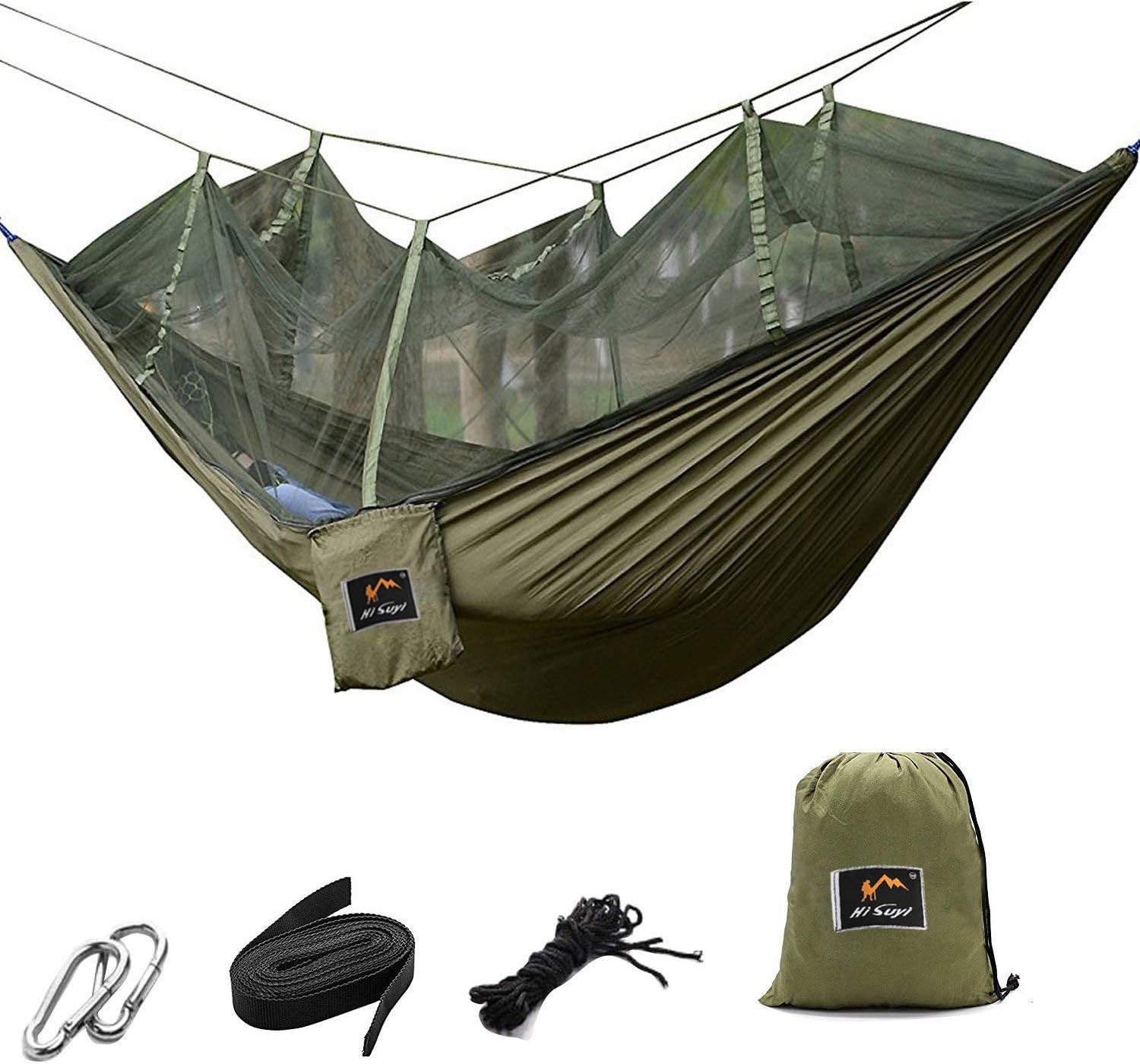 Portable Foldable Double Camping Hammock Mosquito Net Tree Hammocks Tent Travel Hanging Bed,Premium Quality Lightweight 210T Nylon,Capacity up to 441 lbs,with Strong Tree Straps,Hooks,Storage Bag