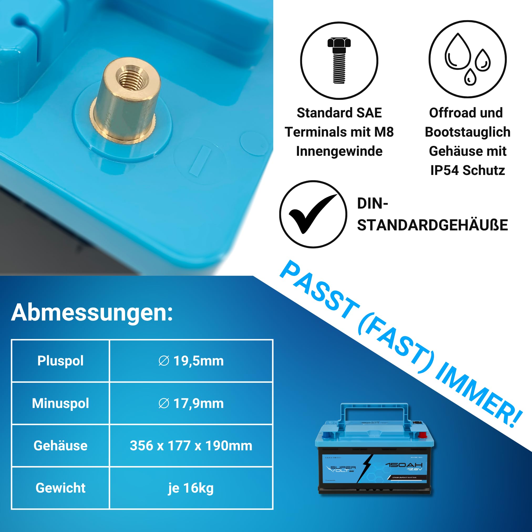 LiFePO 2 batterie al litio da 12 V, 150 Ah, capacità utilizzabile al 100%, Smart BMS e Bluetooth, dimensioni Plug & Play DIN, per camper, camion, barca, solare