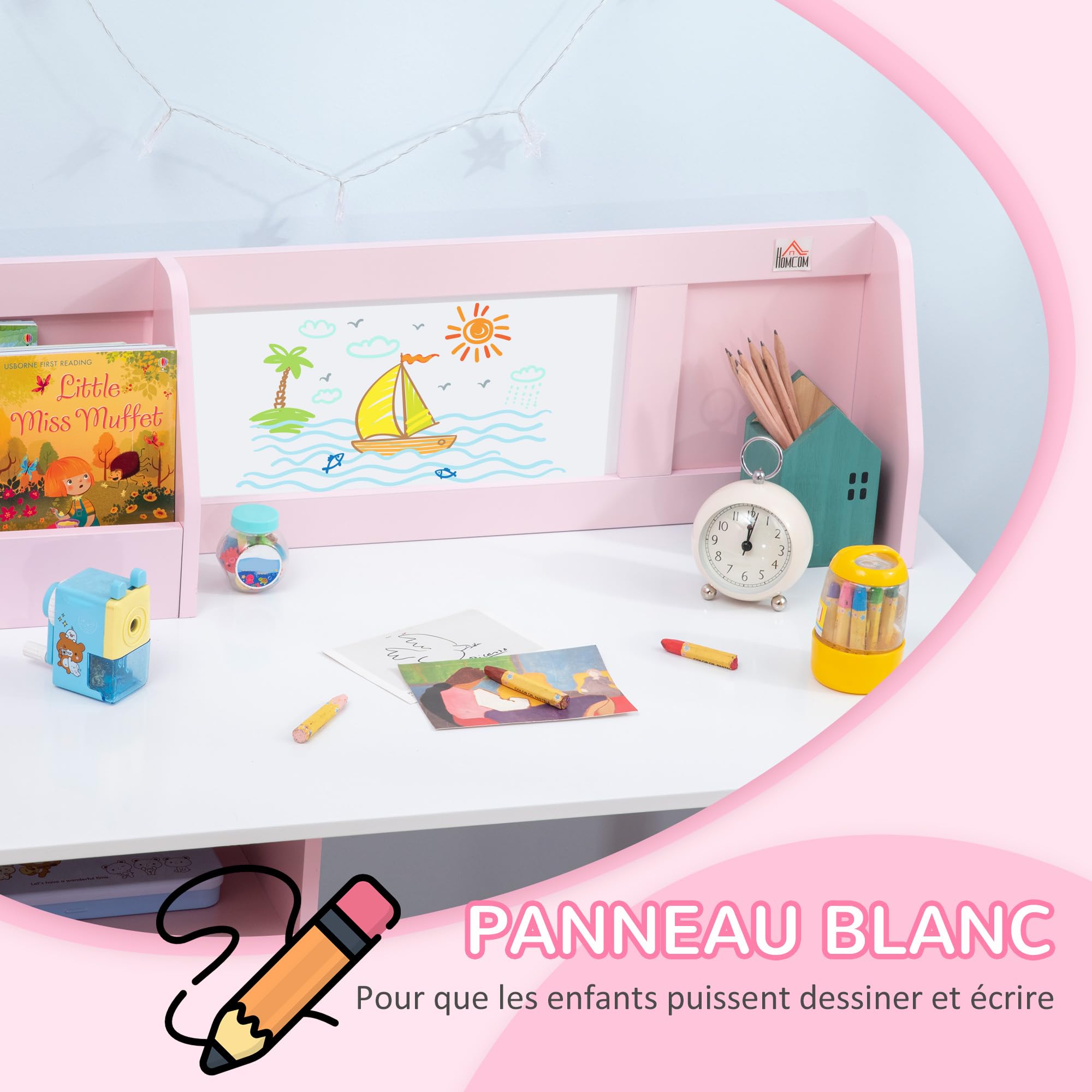 HOMCOM Ensemble Table et Chaise pour Enfant avec Tableau Blanc - Bureau pour Enfant +5 Ans 90L x 45l x 85H cm Rose