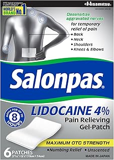Salonpas Lidocaine 4% Pain Relieving Gel-Patch, 6 Count, for Back, Neck, Shoulder, Knee & Elbow Pain