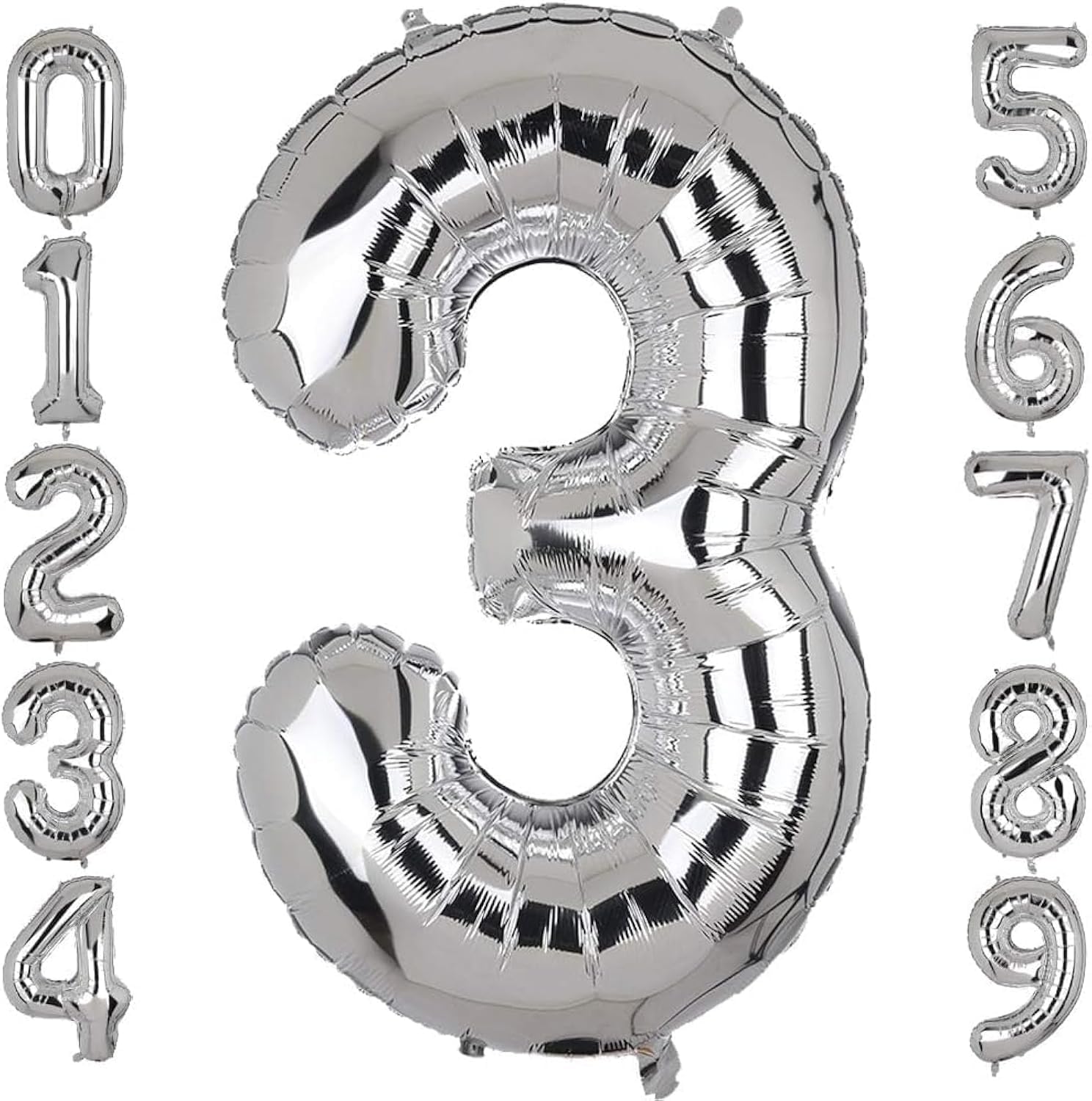Goldedge Number 3, 32 Inch Number Balloons Foil Silver - Glamorous Party Decorations for Birthdays, Anniversaries, and Special Events