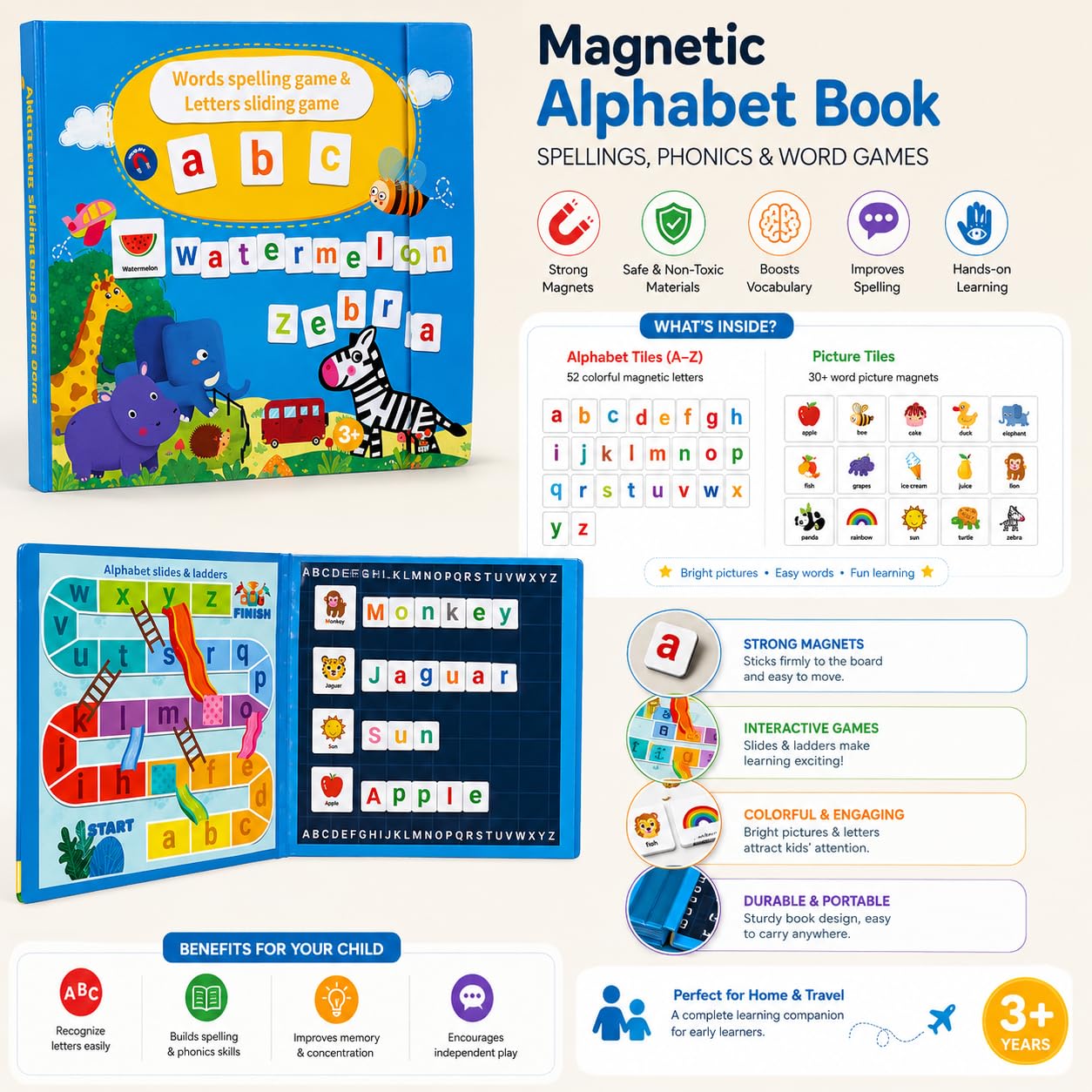 Kidster Big Magnetic Alphabet Book for Kids 4-7 Years | Phonics, Spelling, Word Building & Letter Matching Activity Game | Montessori Educational Learning Toy with Magnetic Letters & Boards 1